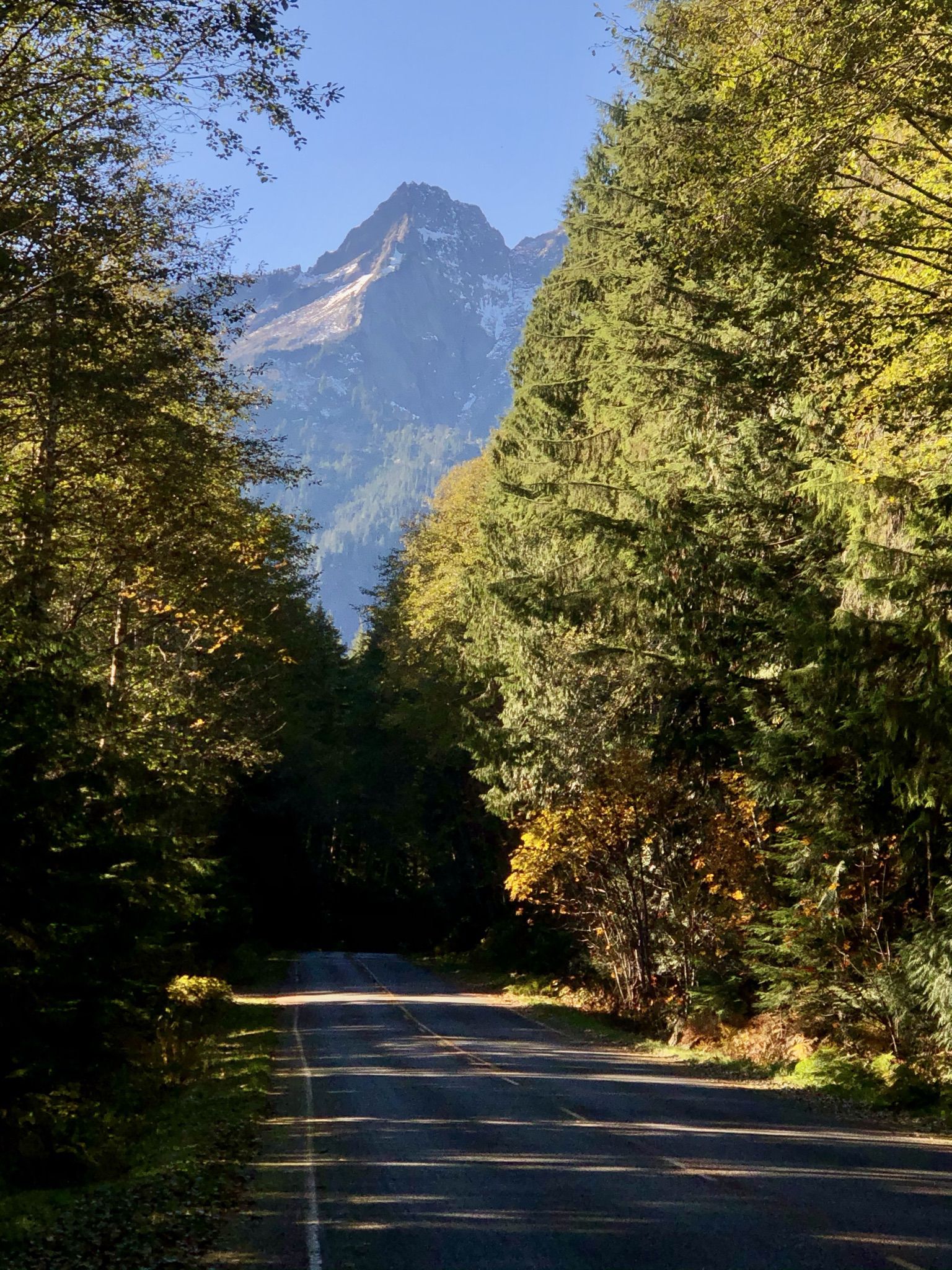 Paved road through a sunny forest, leading towards a distant mountain. - Big Four Ice Cave Trail Head loop from Granite Falls