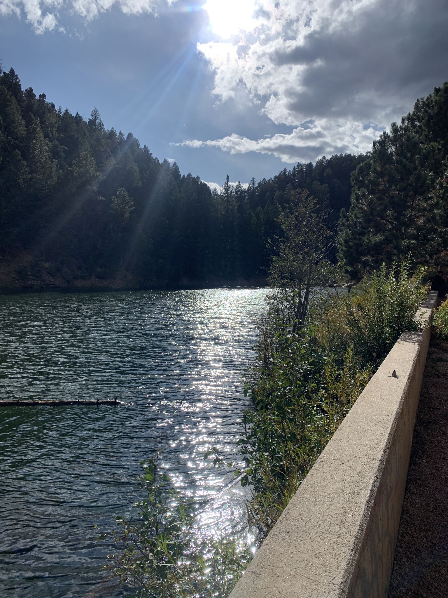 Sunbeams reflecting on a lake surrounded by dark, forested hills. - Harrison Plane Crash via Ice Cave Trail