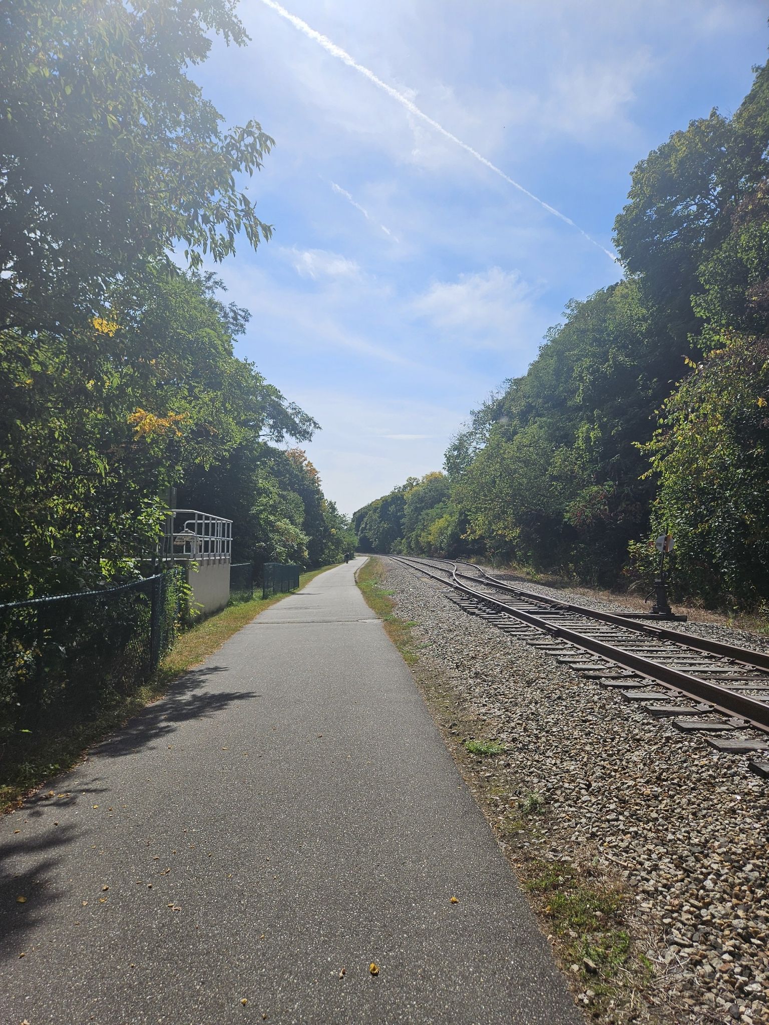 Paved path and train tracks lined by green trees on a sunny day. - Hunts Hill – Telegraph Hill loop from Augusta