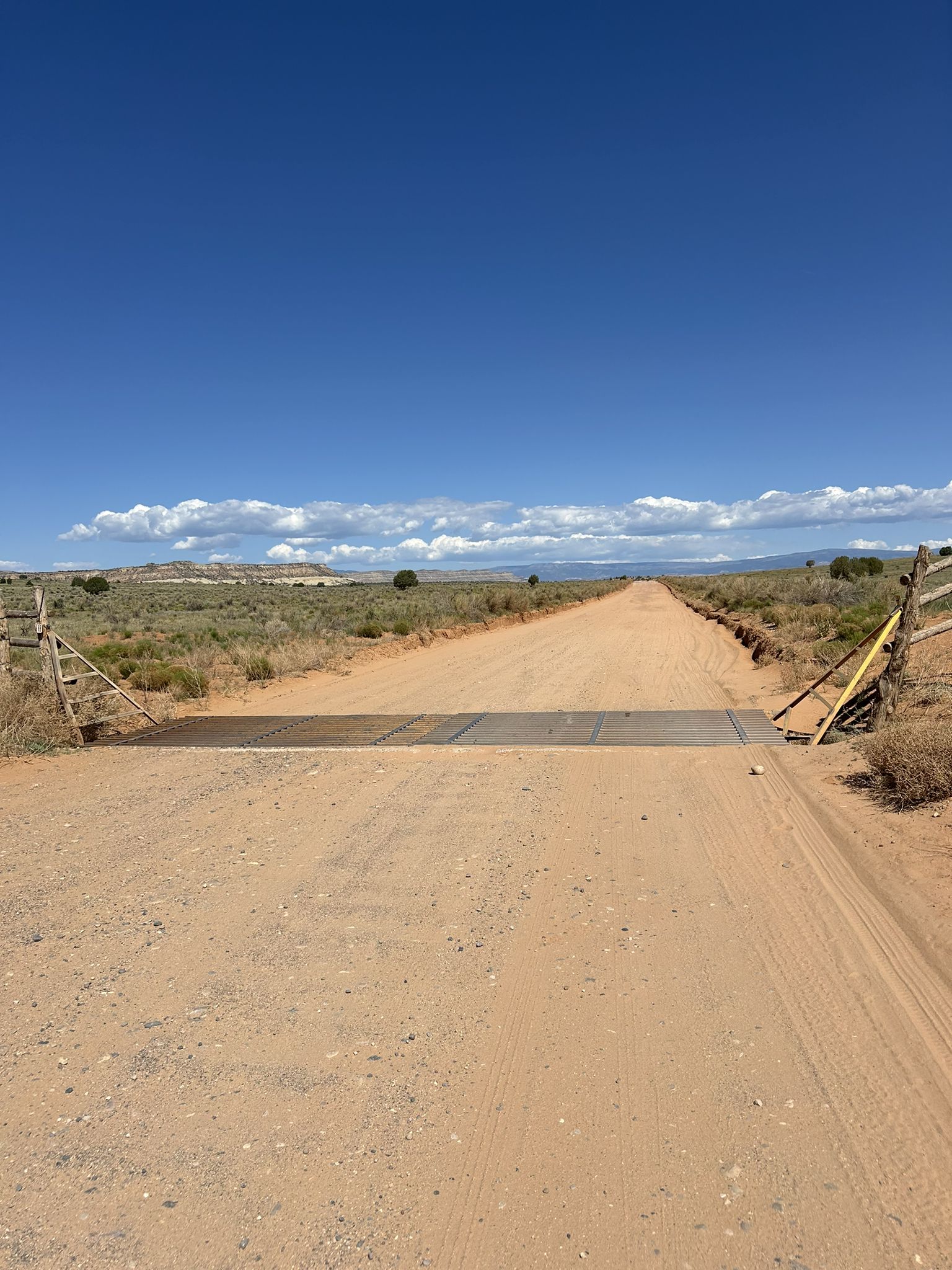 Long dirt road with a cattle guard under a bright blue sky. - Hole-in-the-Rock OHV Road