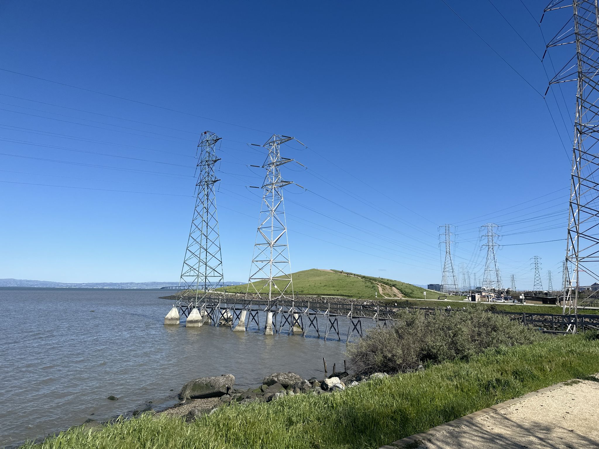 Large power line towers standing in calm water next to a grassy hill. - Seal Point Park