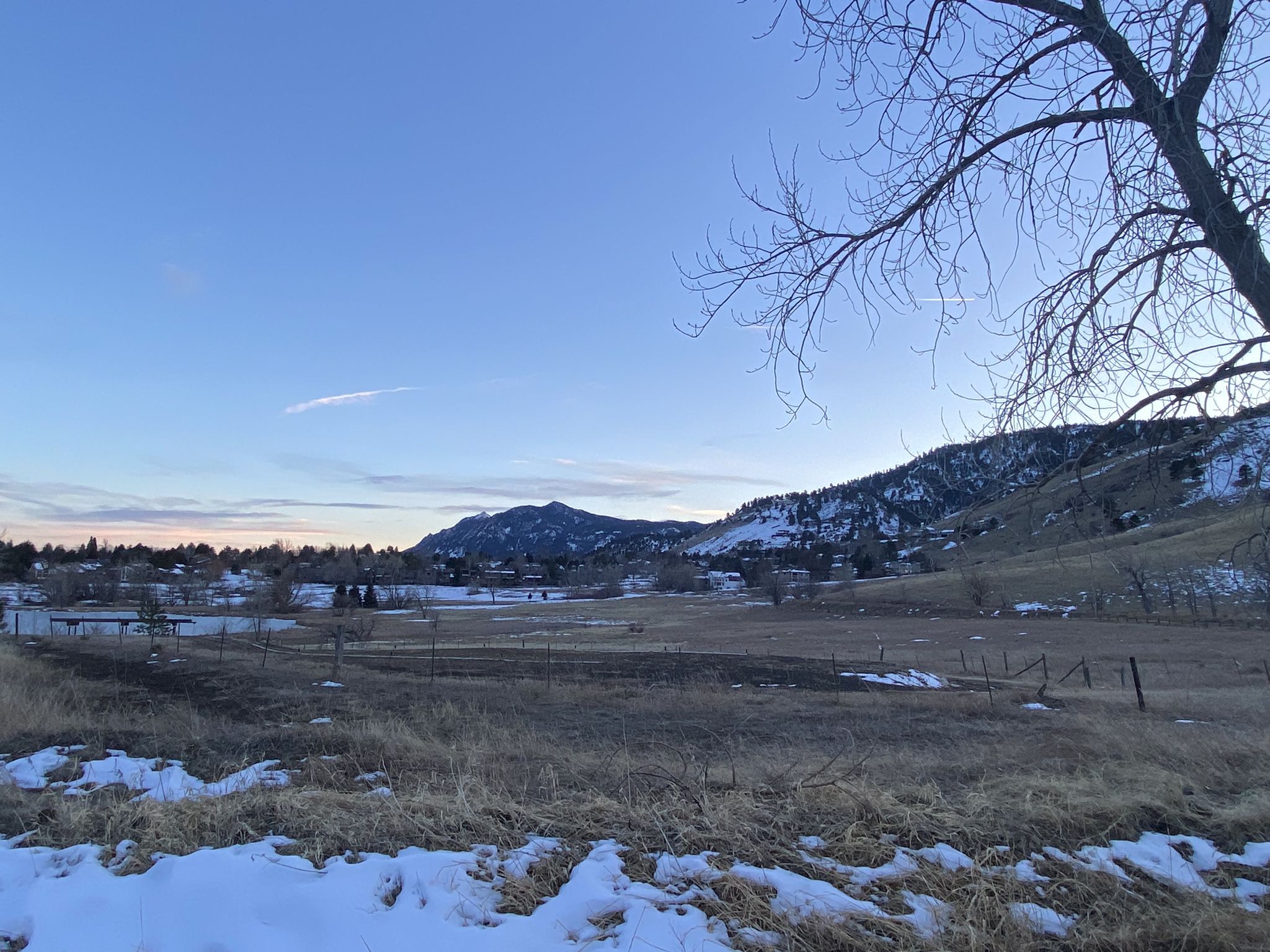 Snow-dusted field with bare trees, distant mountains under a clear blue sky. - Wonderland Lake Trail