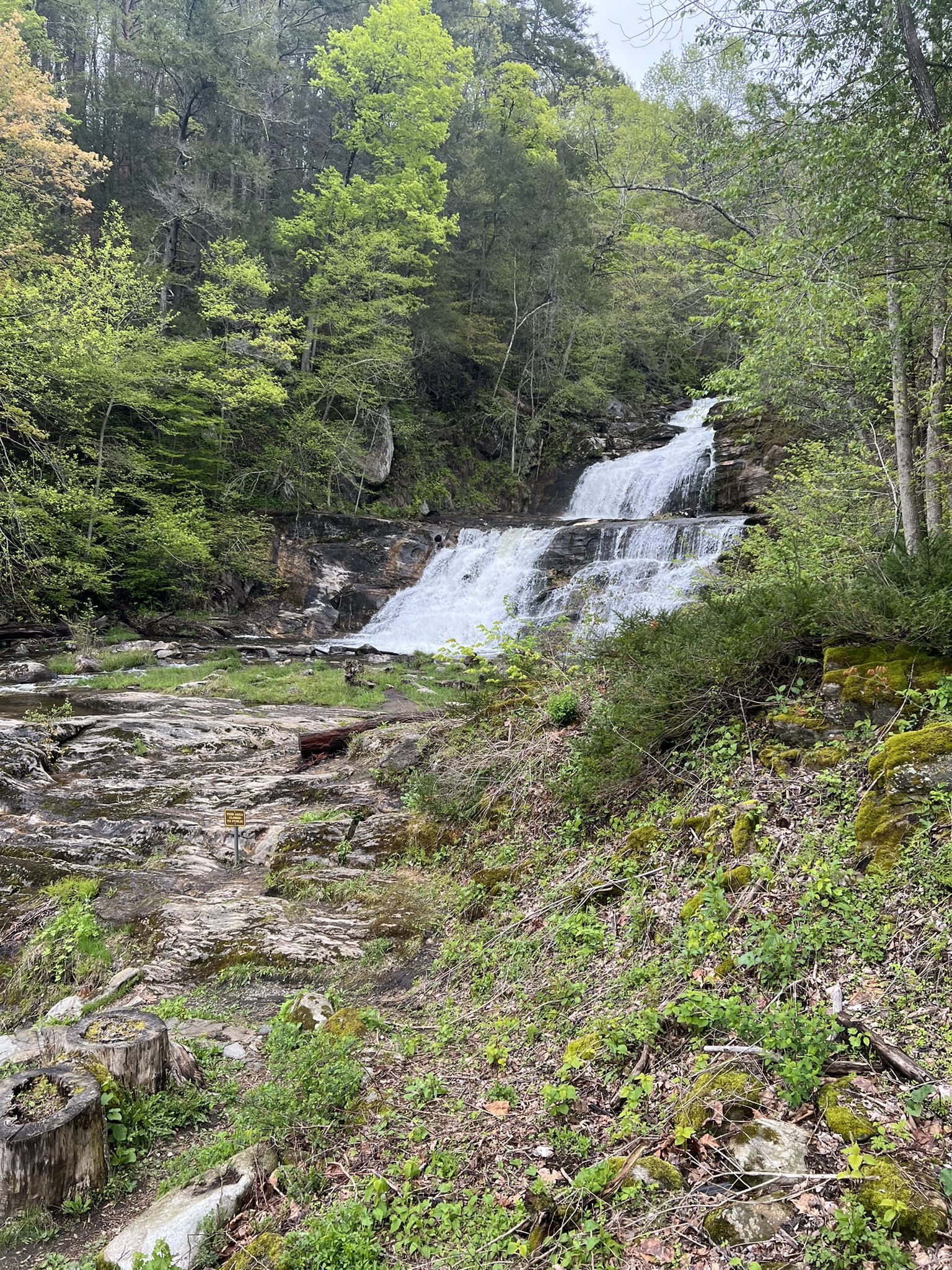 Multi-tiered waterfall cascades through a lush green forest on an overcast day. - Kent Falls Red and Yellow Loop Trail