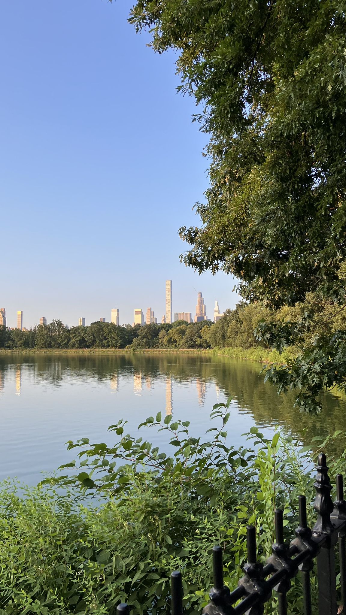 Calm lake with distant city skyline and green trees under a clear sky. - Central Park – Center Drive, Central Park loop from 5th Avenue–53rd Street