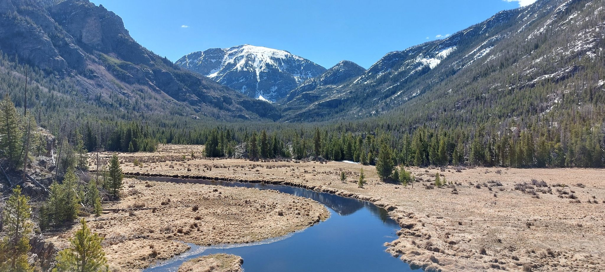 River flowing through a valley with snow-capped mountains and pine forests. - Lake Verna via East Inlet Trail