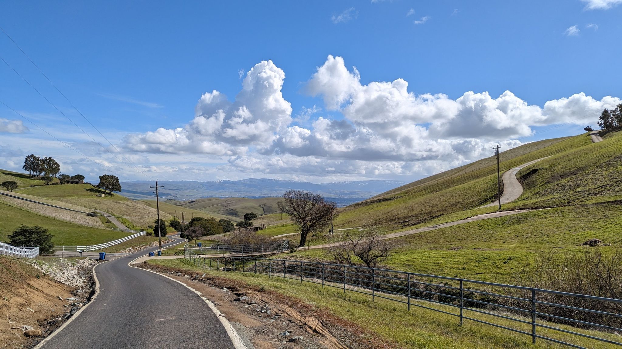 Winding road through green rolling hills under a bright blue sky with fluffy clouds. - Morgan Territory Road Loop