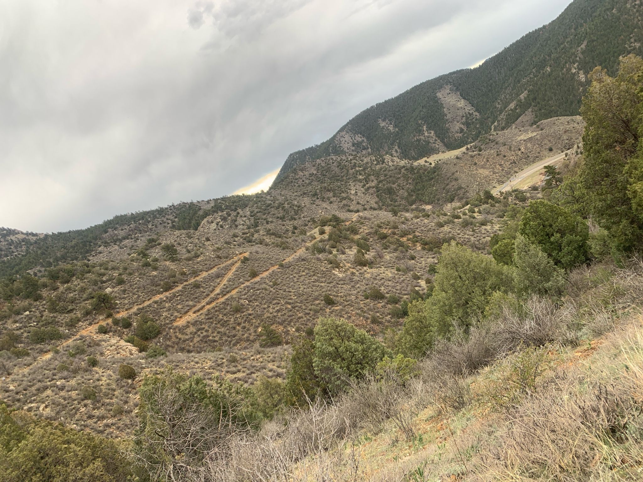 Steep, arid mountainside with sparse vegetation and winding paths under an overcast sky. - Travois Trail loop from Peaks to Plains Trail