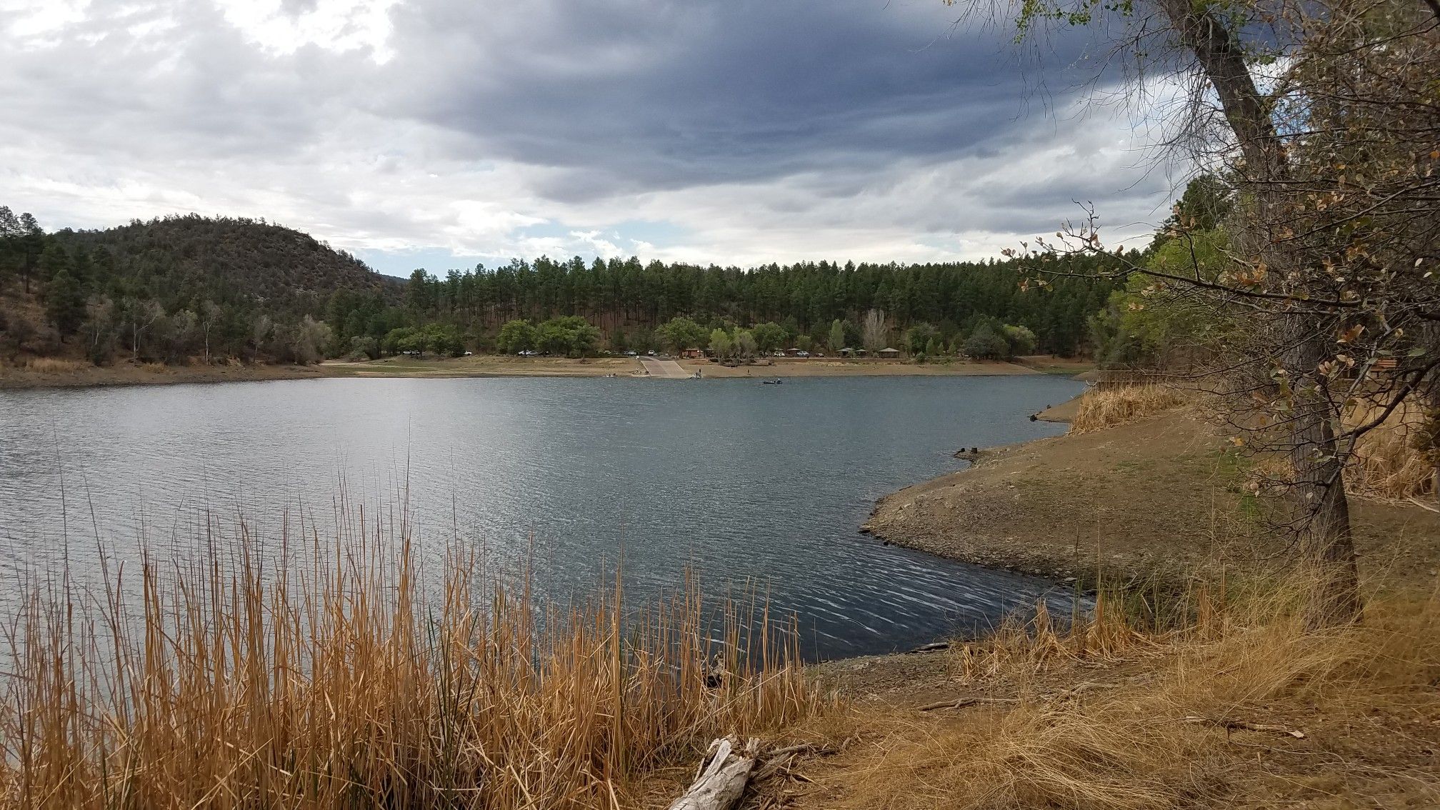 Wide view of a lake with forested hills under a cloudy sky, dry grass. - Lynx Recreation Trail #311