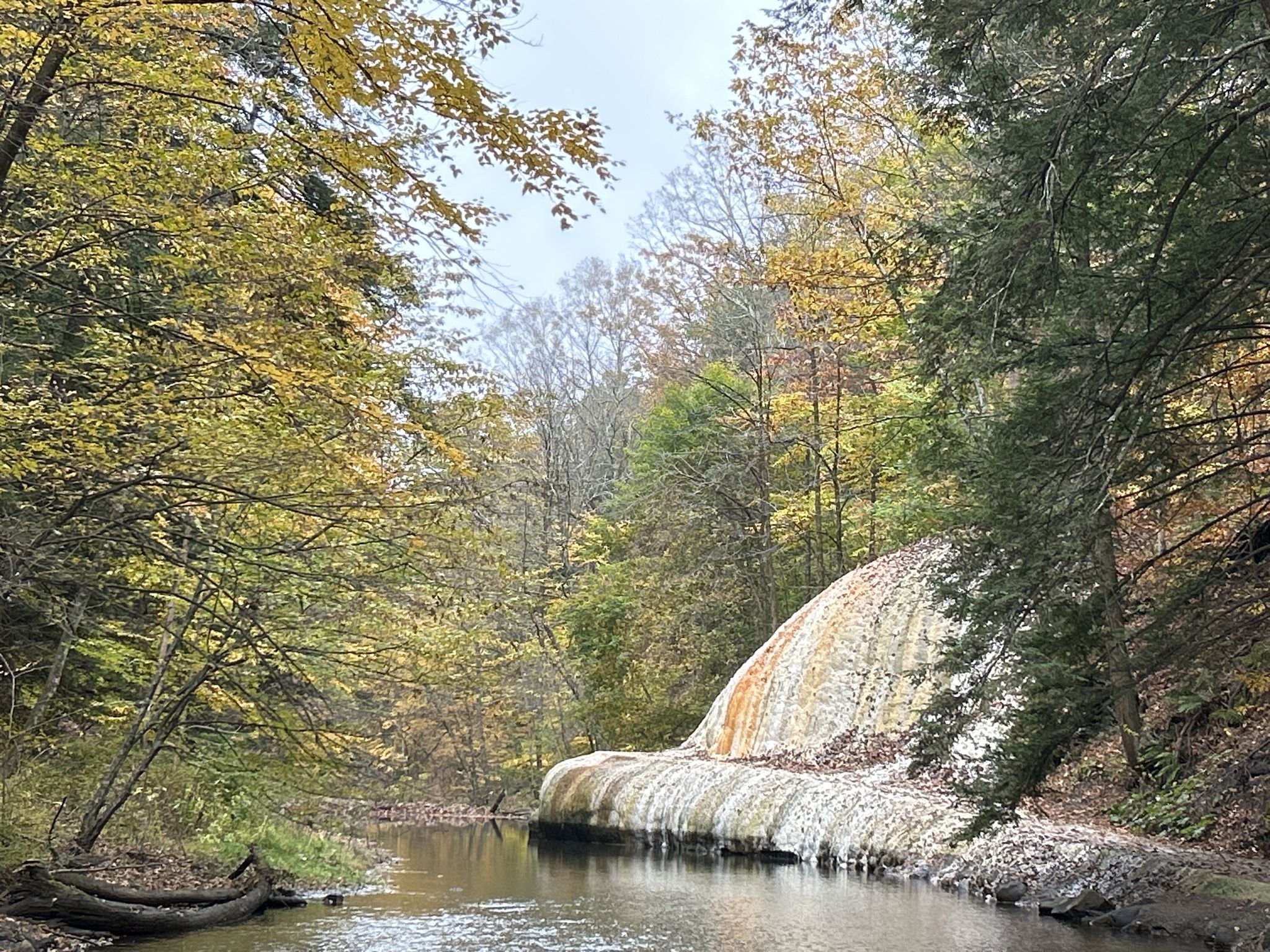 River flowing past a colorful mineral deposit, surrounded by autumn trees. - Five Mile Trail