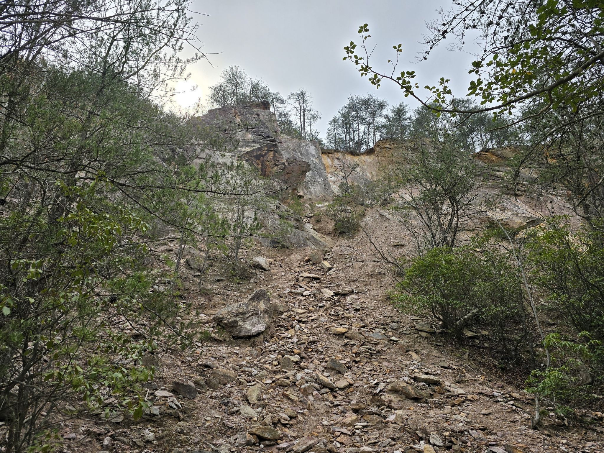 Rocky, steep path ascending a hill with sparse trees under a cloudy sky. - Hiking loop from Orange County