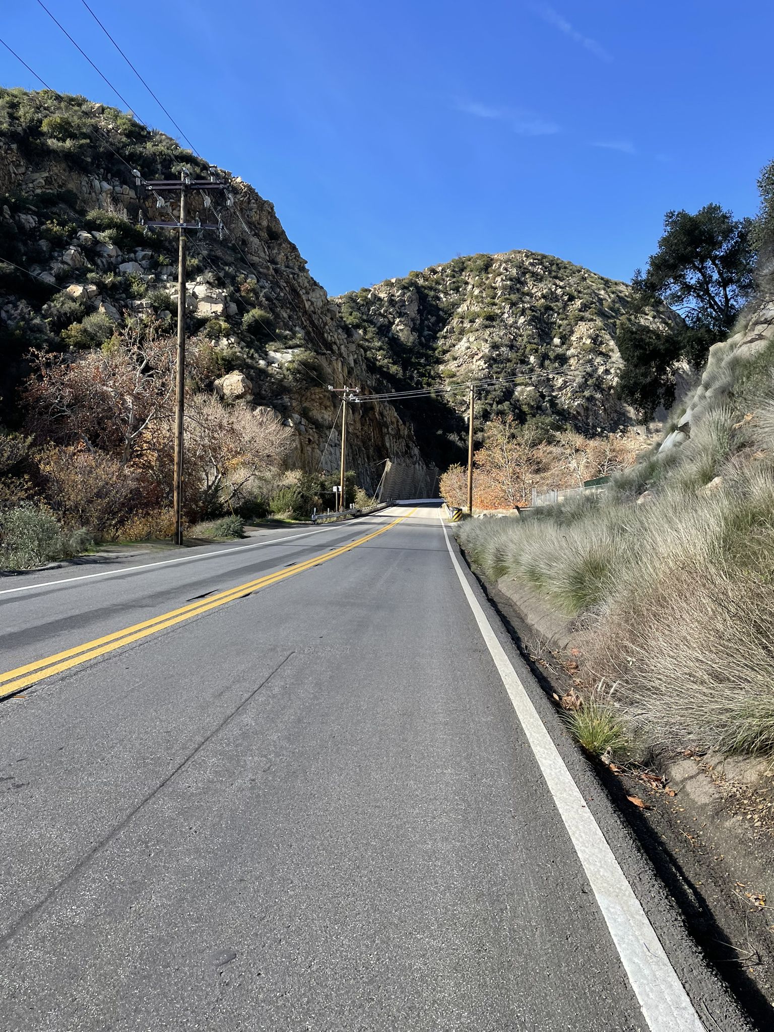 Empty paved road winding through sunny, brush-covered hills with power lines. - Mirror Lake – Wheeler Springs loop from Mira Monte