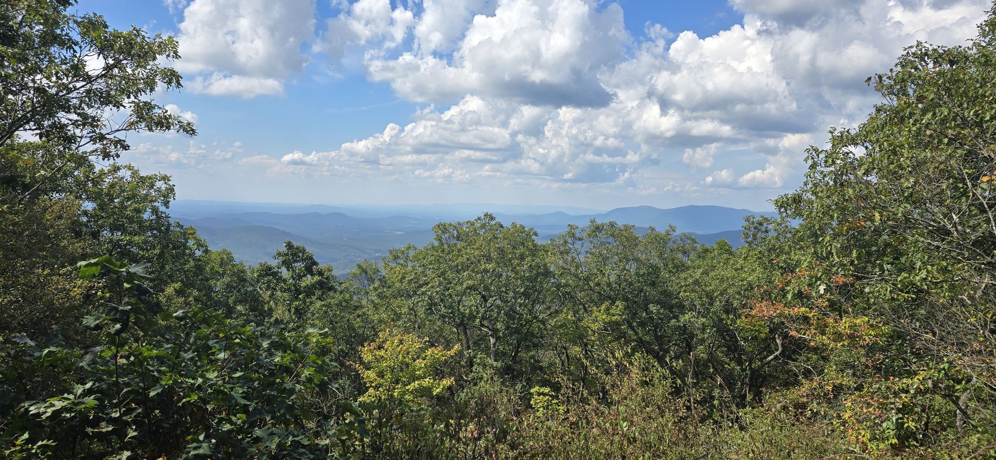 Panoramic mountain view framed by green trees under a partly cloudy sky. - Appalachian Trail to Springer Mountain