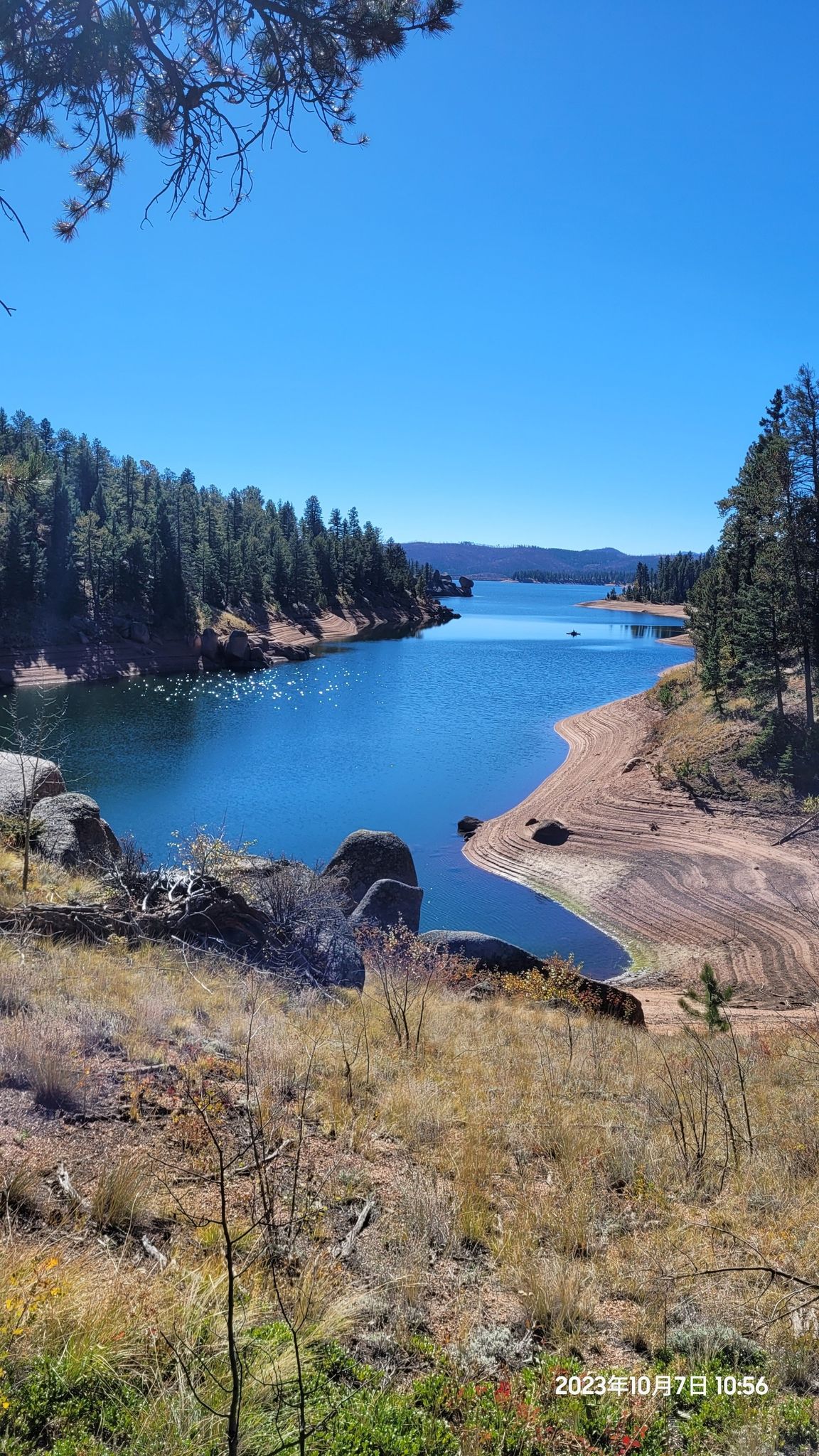Bright blue lake surrounded by pine forests and dry, rocky shores. - Rampart Reservoir loop from Rainbow Gulch Parking
