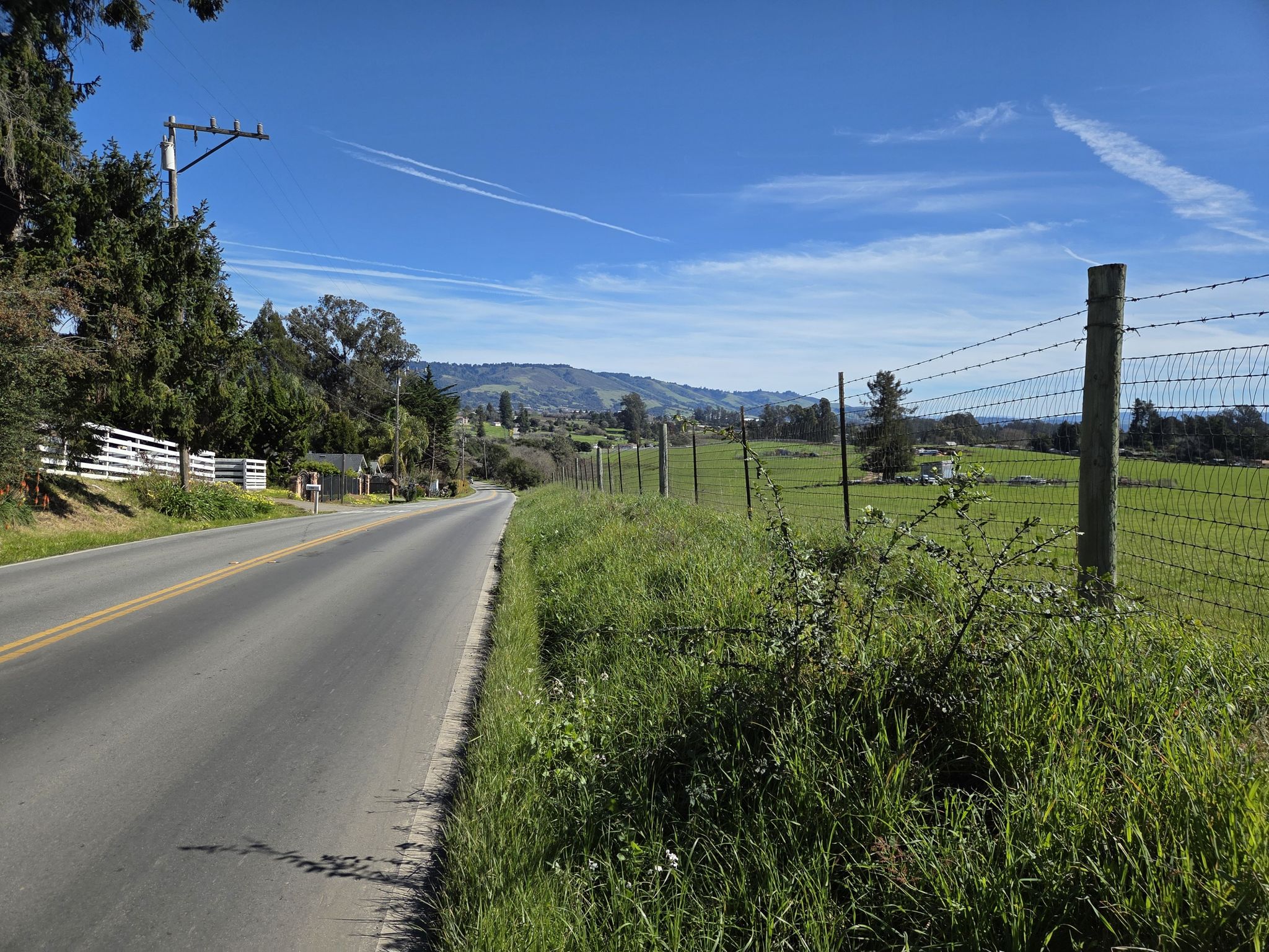 Rural road next to a barbed wire fence and green field under a sunny sky. - Bamboo Giant Nursery – Freedom Lake County Park loop from San Andreas Creek - King Property