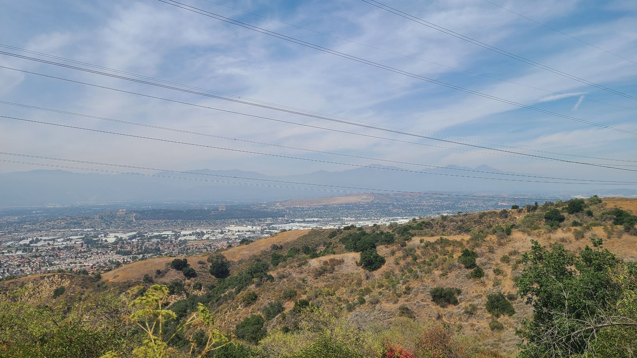 Hazy city view from a hillside, power lines, and distant mountains. - Puente Hills Preserve loop from Puente Hills Preserve