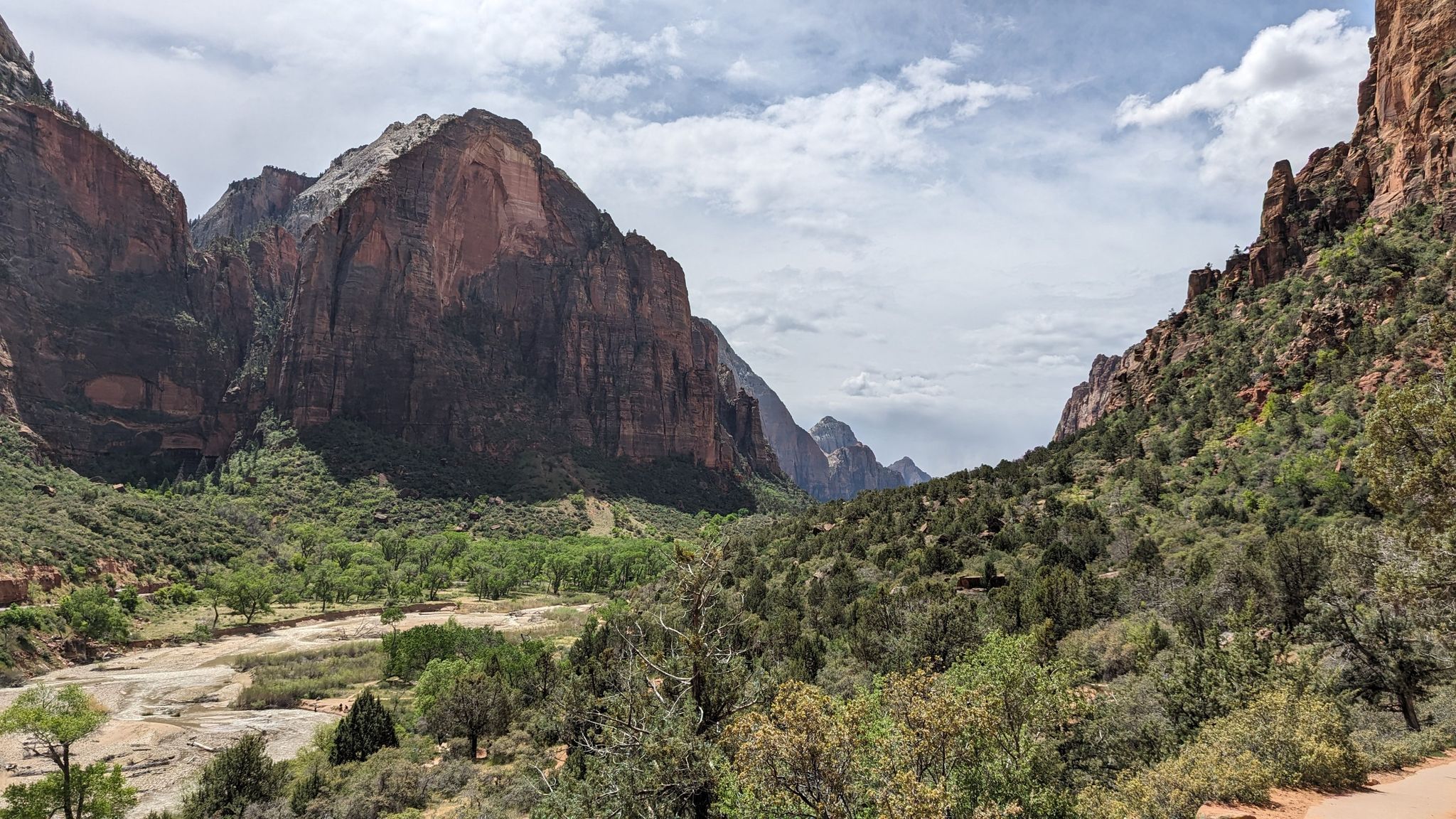 Wide valley with a river, green trees, and towering red rock formations. - Walter's Wiggle – Kayenta Trail loop from Zion Canyon