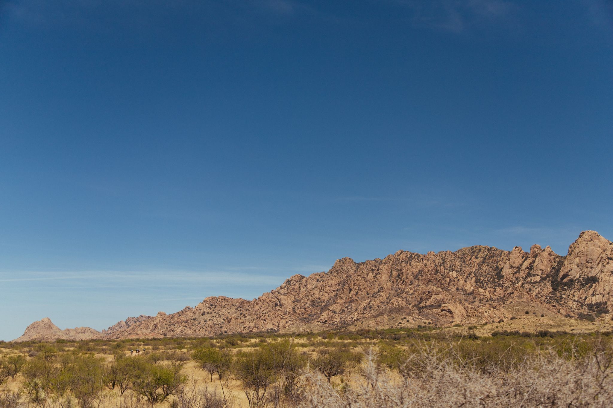 Rocky desert mountains under a clear blue sky with sparse vegetation. - Cochise Stronghold Loop
