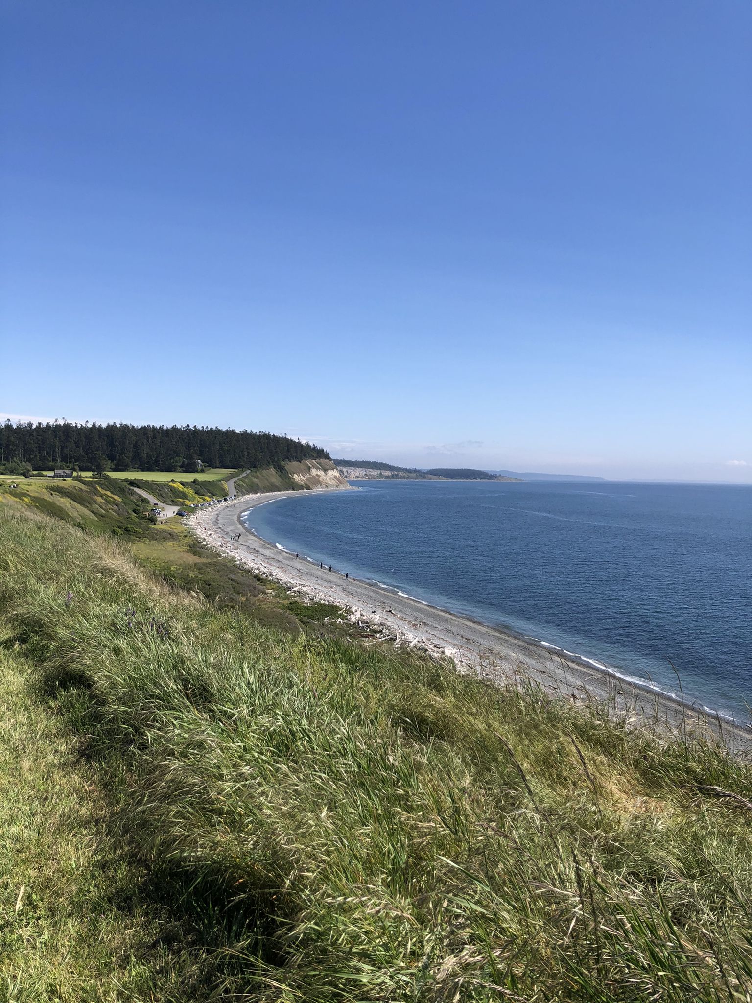 Grassy hillside overlooking a long curved pebble beach and blue sea. - Ebey's Landing State Park loop from Pratt Preserve