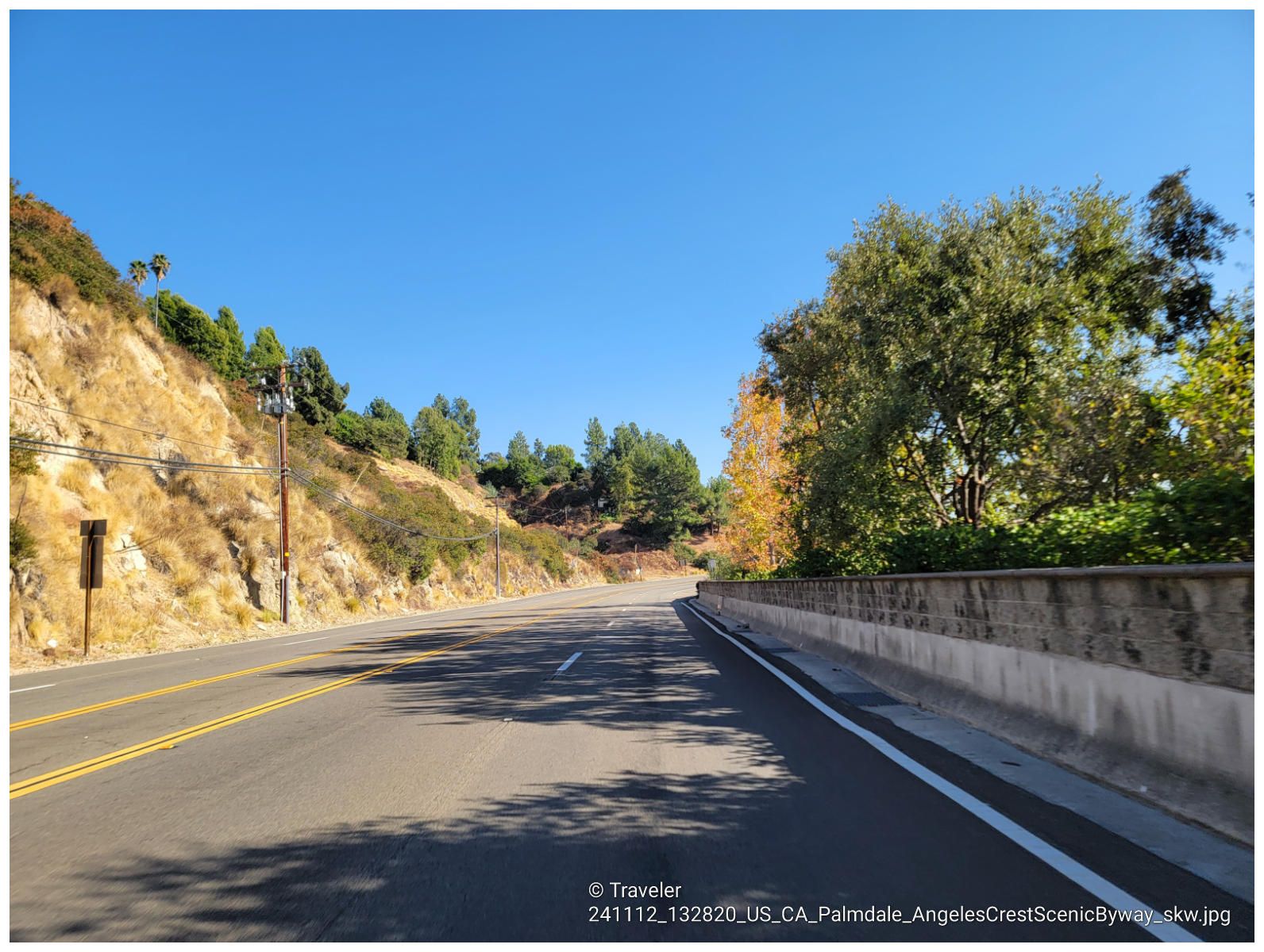 Empty mountain road curving right, flanked by a steep, dry hillside and green trees. - Bike loop from La Cañada Flintridge