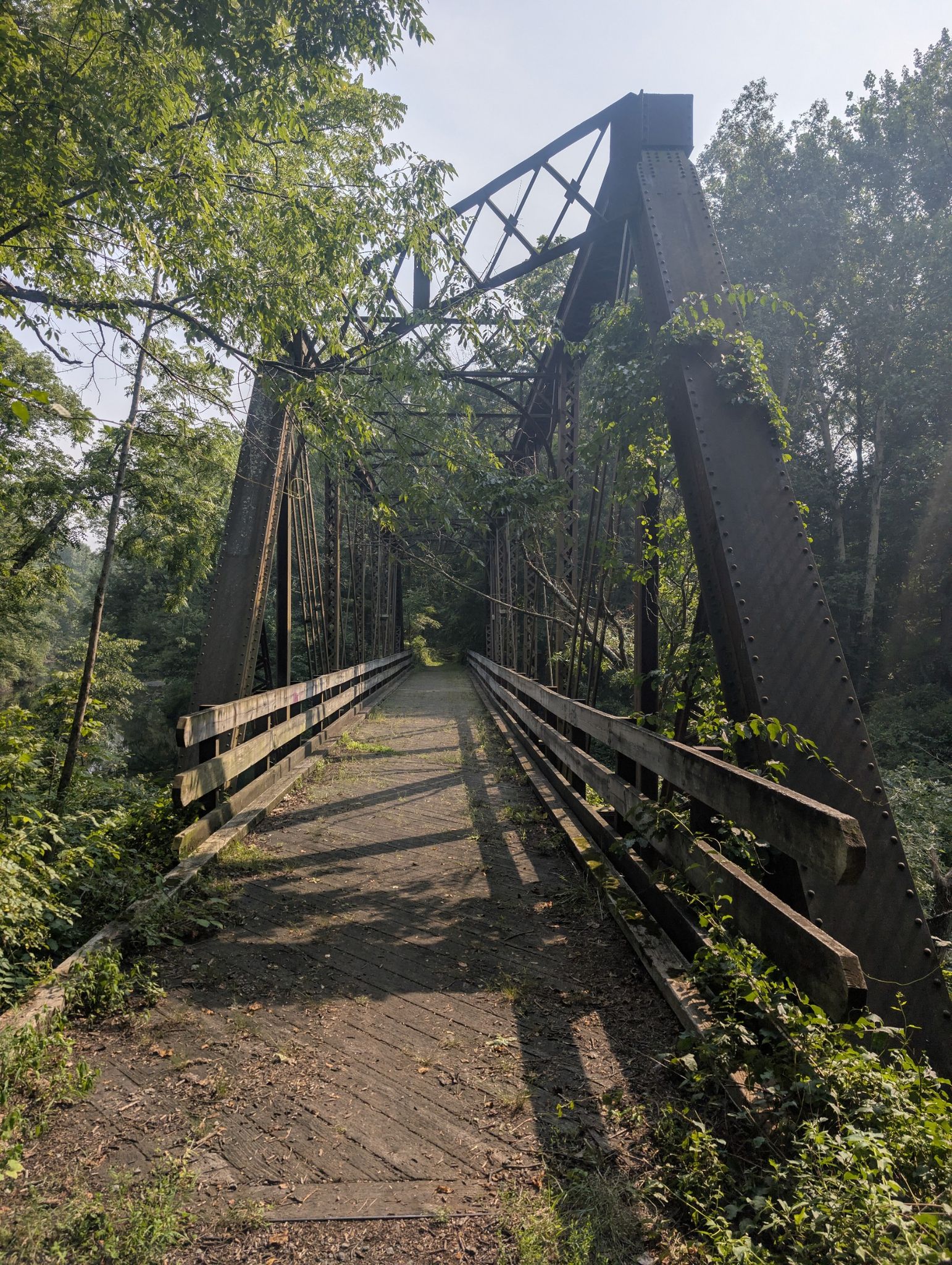 Old metal truss bridge with wooden deck surrounded by lush green trees on a sunny day. - Paulinskill Valley Trail