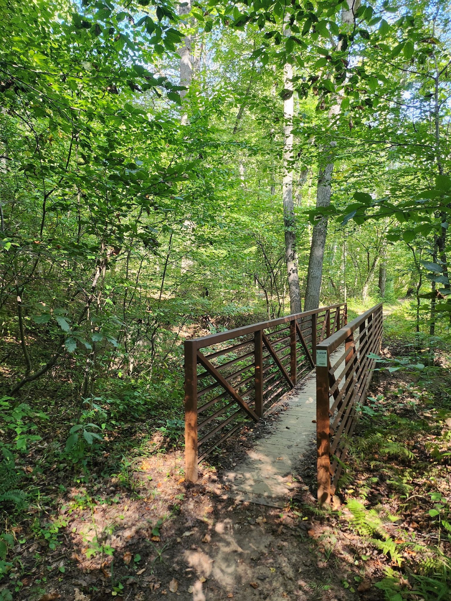 A modern metal and wood bridge crosses a small stream in a green forest. Sunny. - High Meadows, Taylor Farm and South Valley Trail Loop