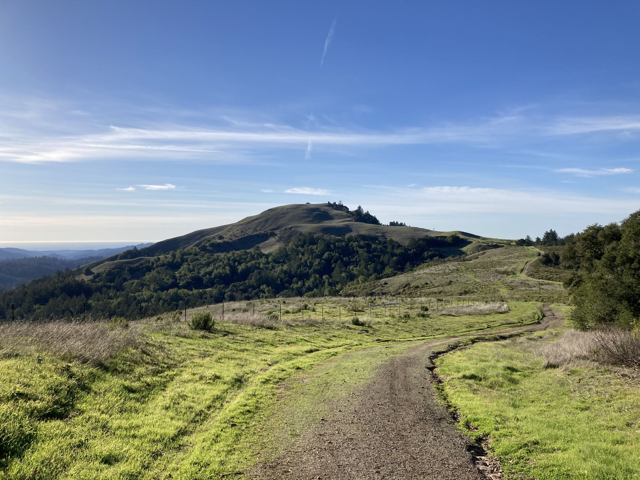 A dirt path winds through green hills under a bright blue sky. - Skyline Boulevard Viewpoint – Alpine Pond loop from Skyline Ridge Open Space Preserve