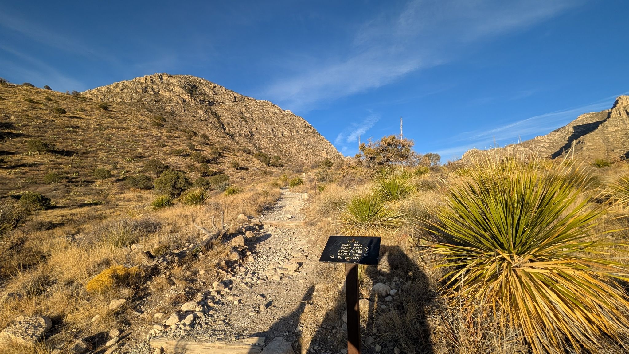 A rocky desert trail ascends a sunlit mountain under a clear blue sky. - El Capitan Trail