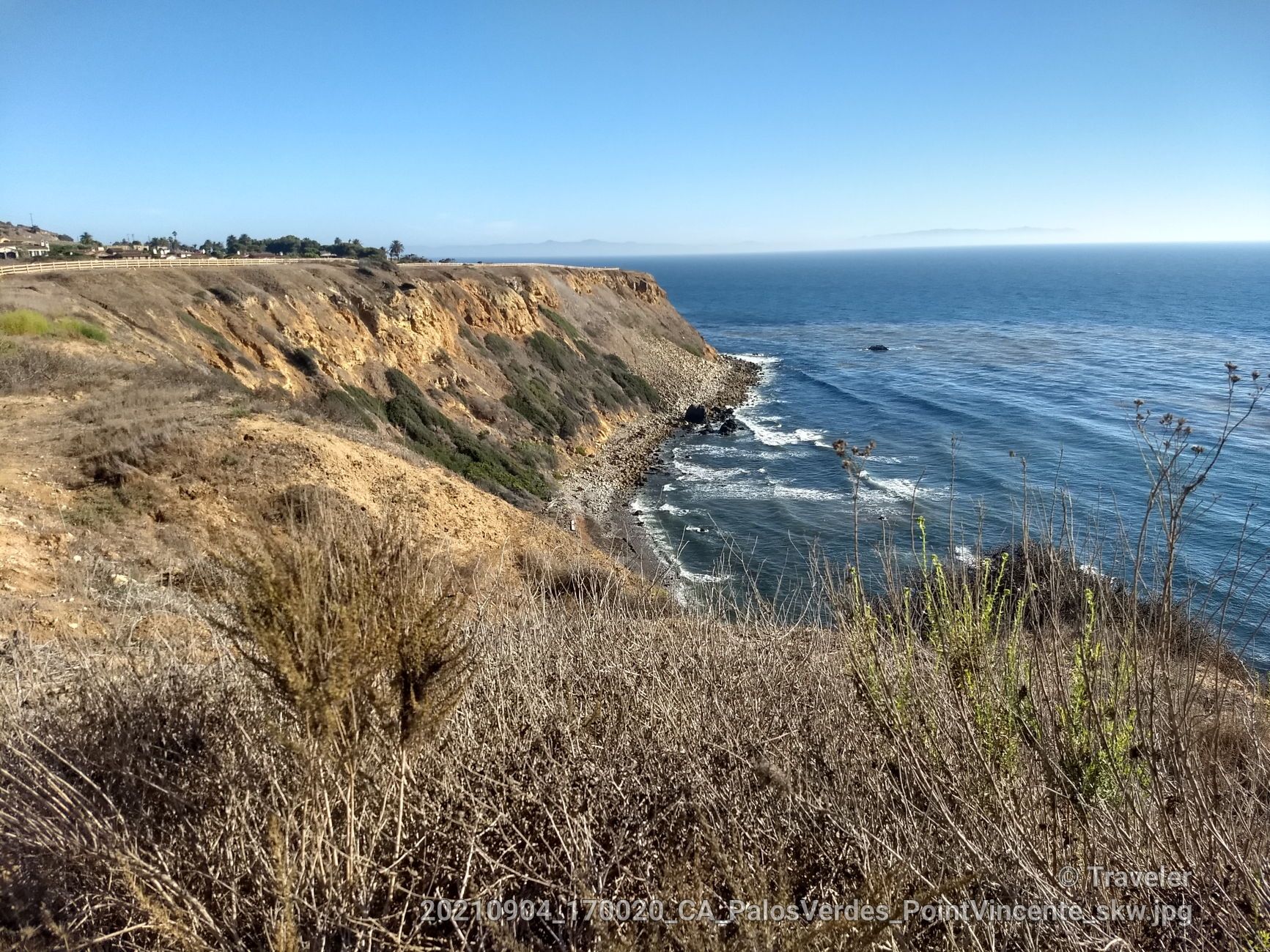 Ocean view from a dry grassy cliff under a clear blue sky. - Bluff Cove – Torrance Beach loop from Redondo Beach
