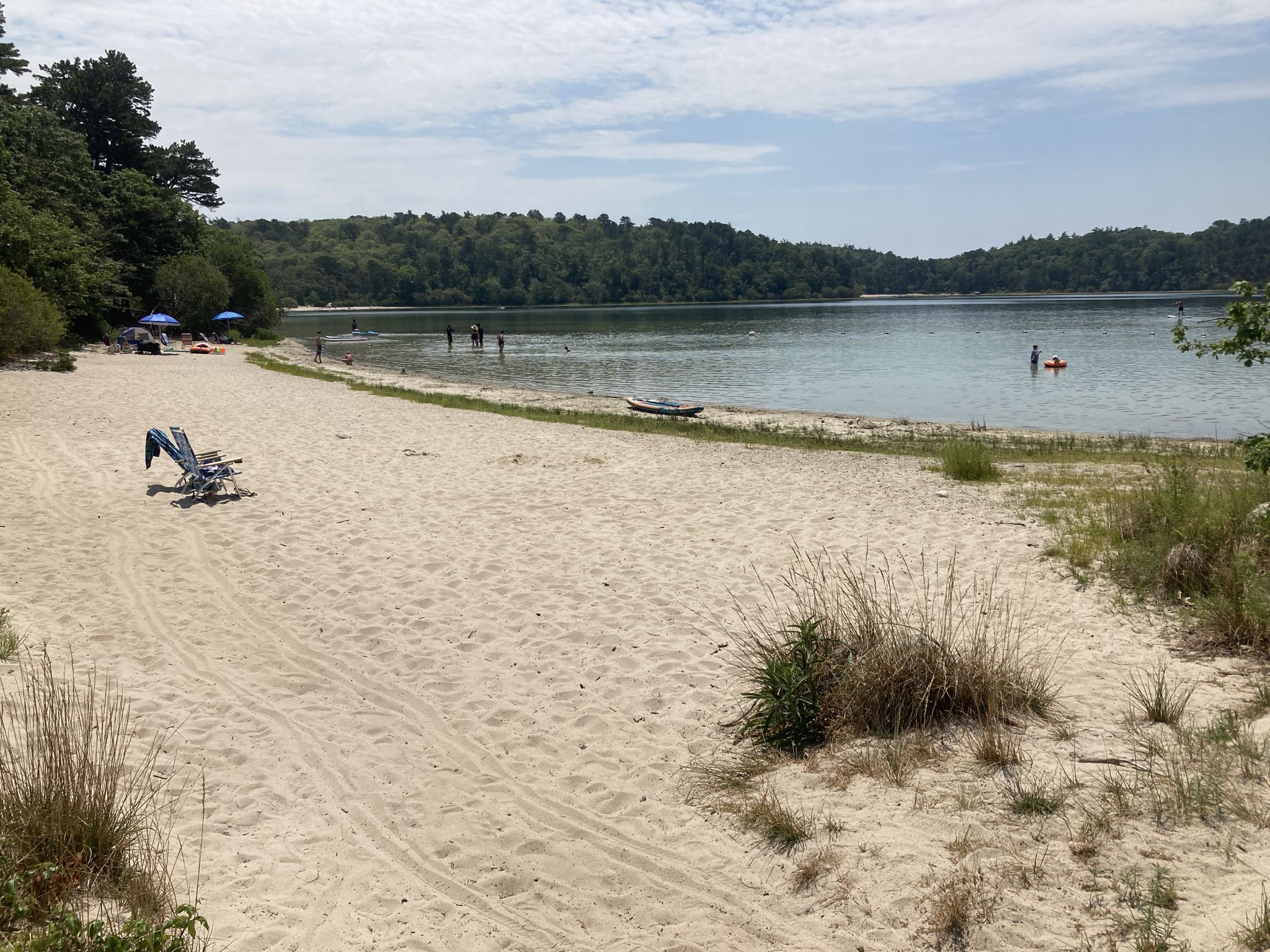 People swimming and relaxing on a sandy lake beach under a cloudy sky. - Cliff Pond – Nickerson State Park loop from Flax Pond