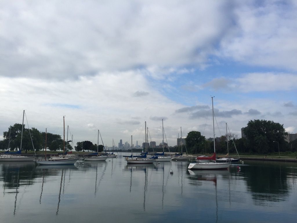 Sailboats docked in calm water with a distant city skyline under cloudy skies. - Montrose Beach Dunes Natural Area loop