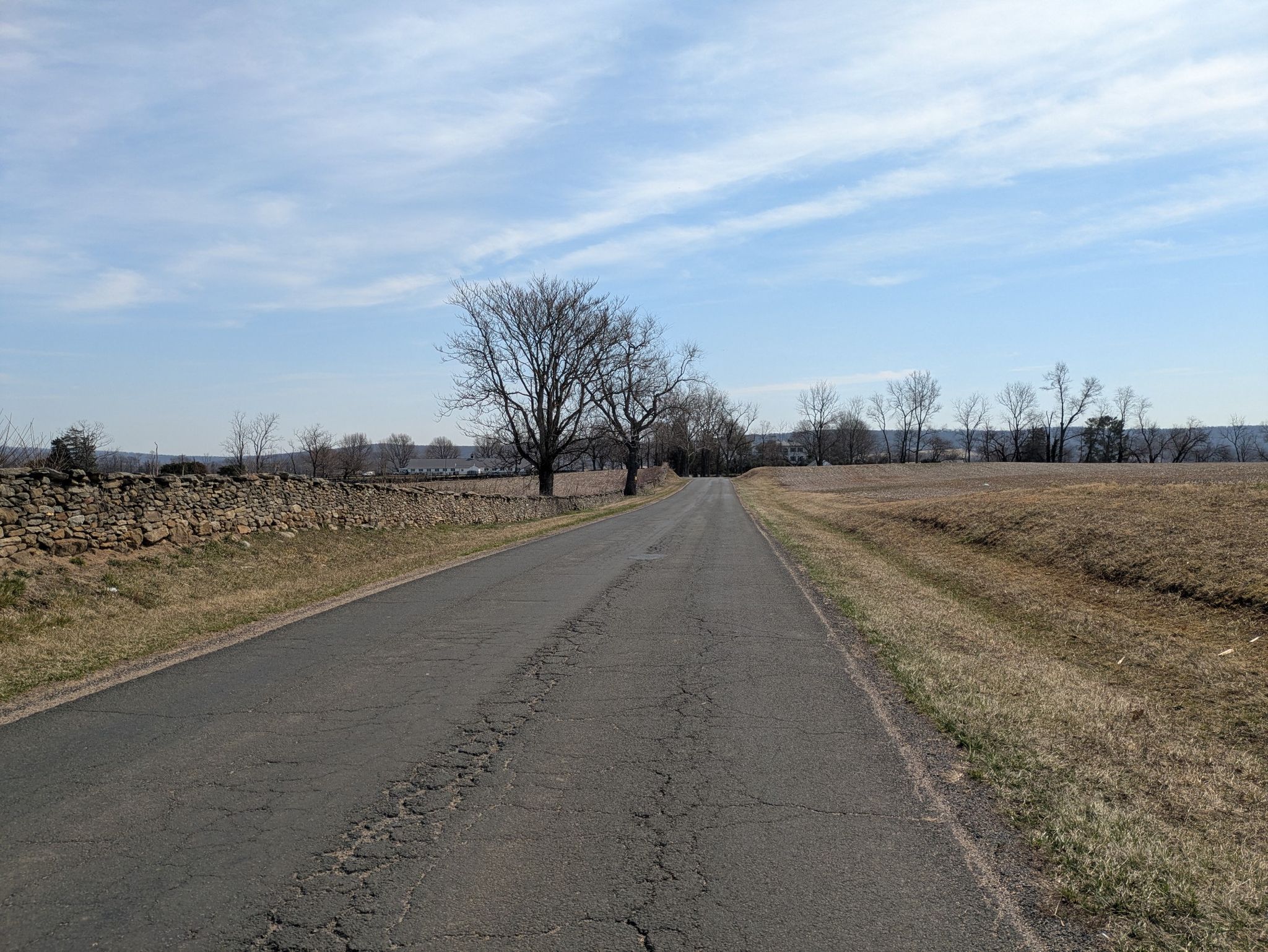 A long paved road stretches through bare fields under a bright, cloudy sky. - Bunker Hill – The Plains loop from Delaplane
