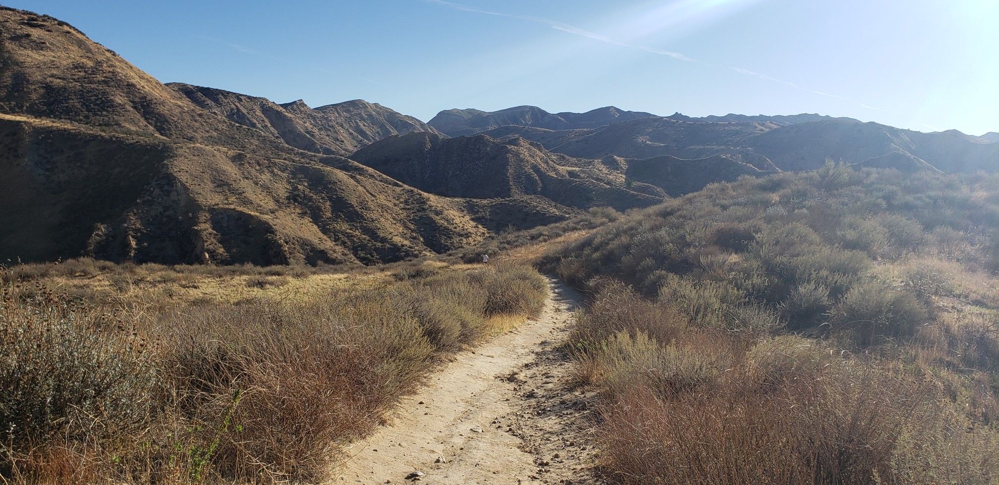 Dirt path winds through dry, brushy hills under a bright blue sky. - Tapo Canyon Trail Loop