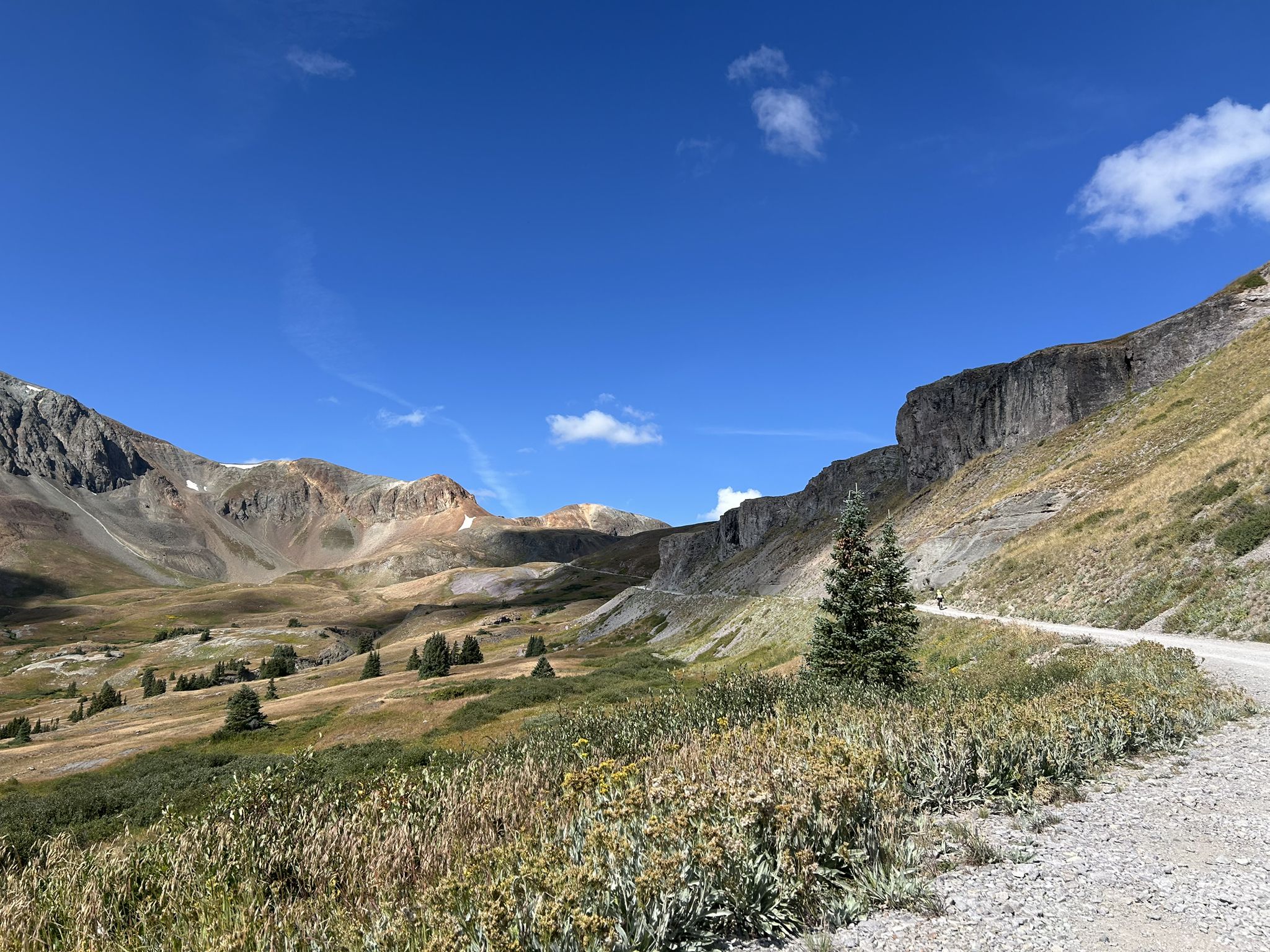 Mountain valley with a dirt road, sparse trees, and bright blue sky. - The Alpine Loop from Lake City