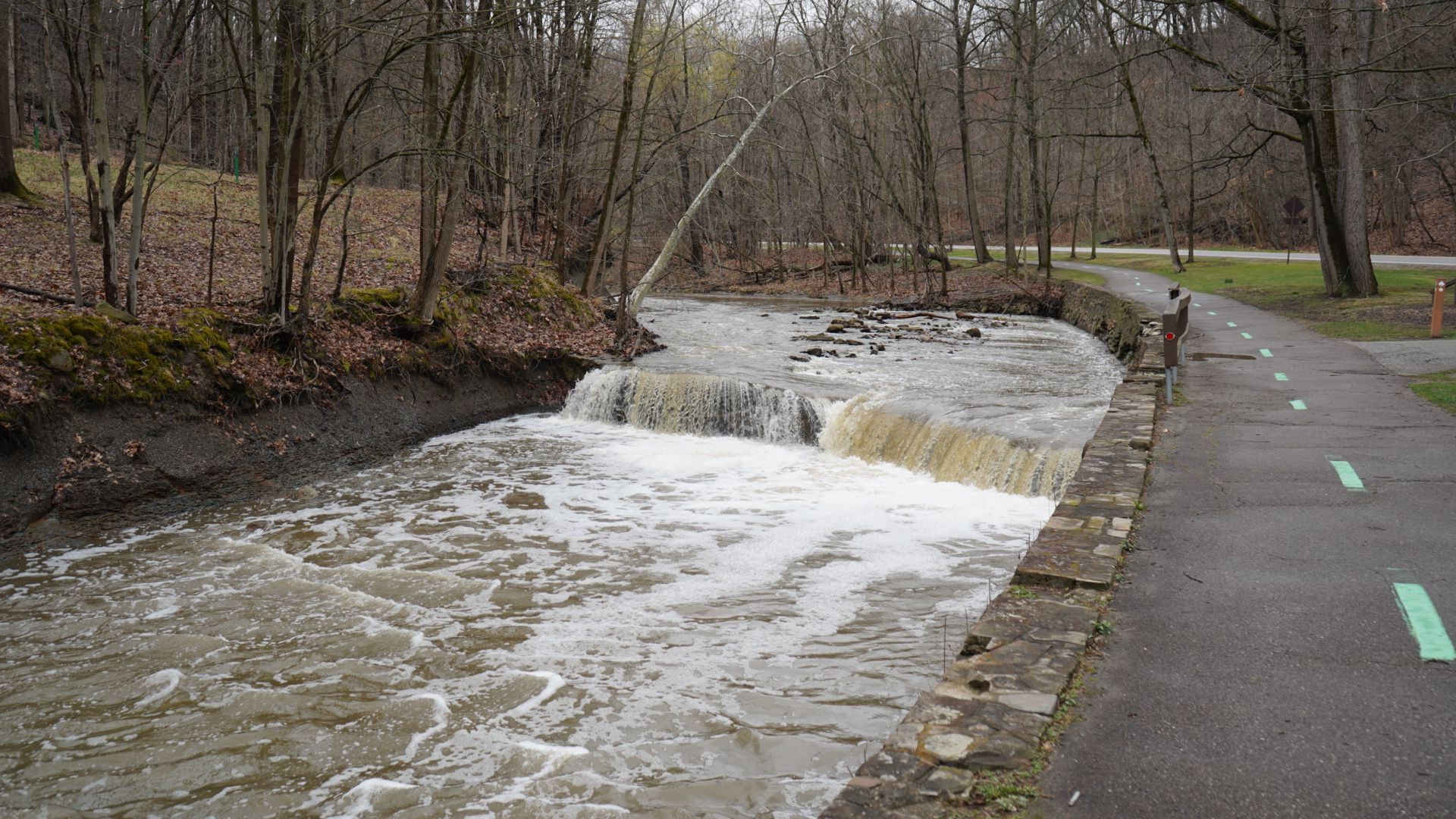 A river with a small waterfall flows beside a paved path in a bare forest. - Euclid Creek Reservation loop from South Euclid