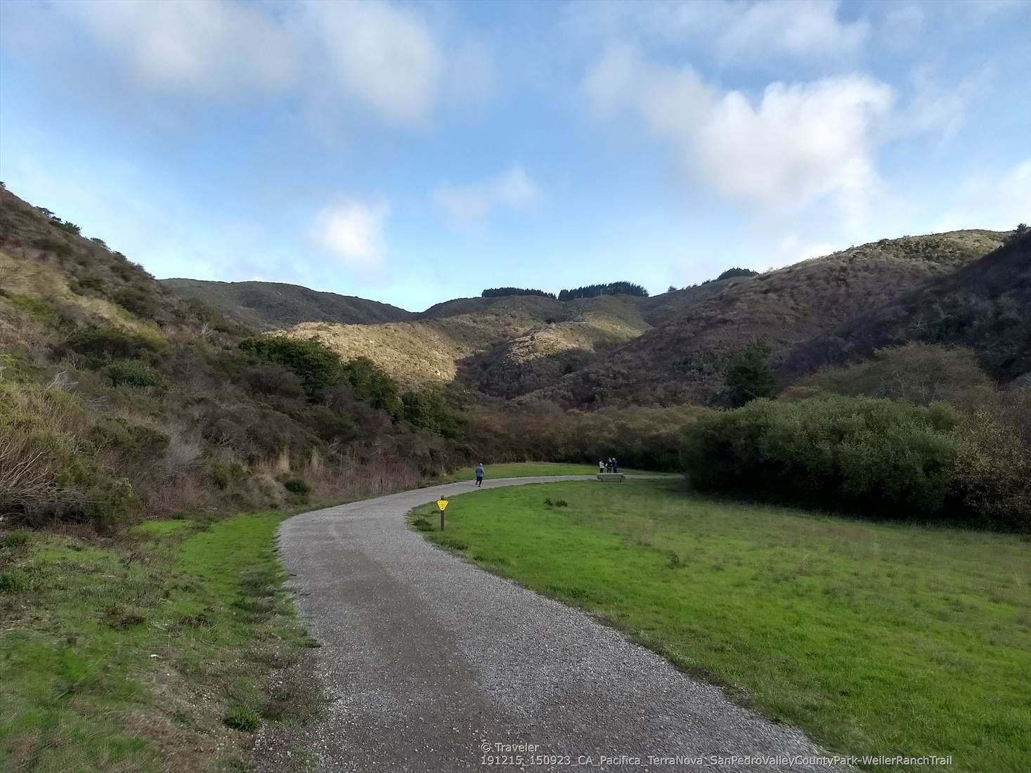 Winding gravel road through green hills under a partly cloudy sky. Distant people walk. - San Pedro Valley Park Loop