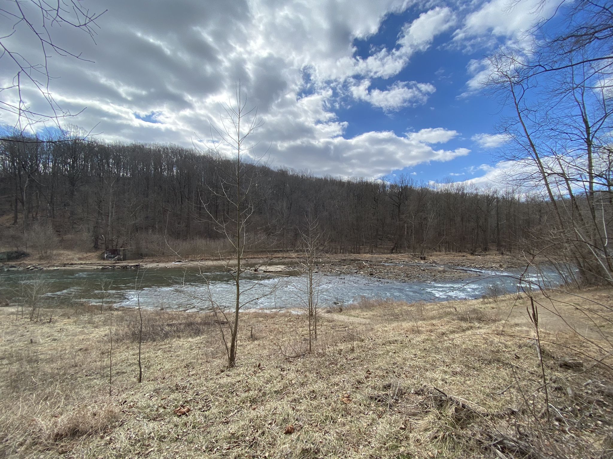 River with rapids, dry grass, and bare trees under a partly cloudy sky. - River bridge view – Hollofield Area loop from Catonsville