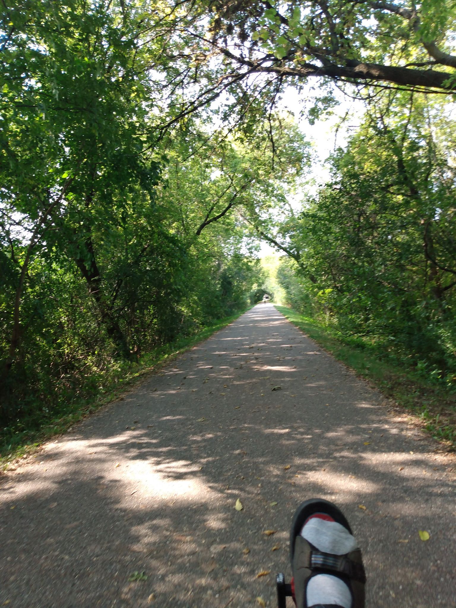 Person's foot on a sun-dappled paved path lined by green trees. - Fox River Park loop from Pebble Creek Natural Area