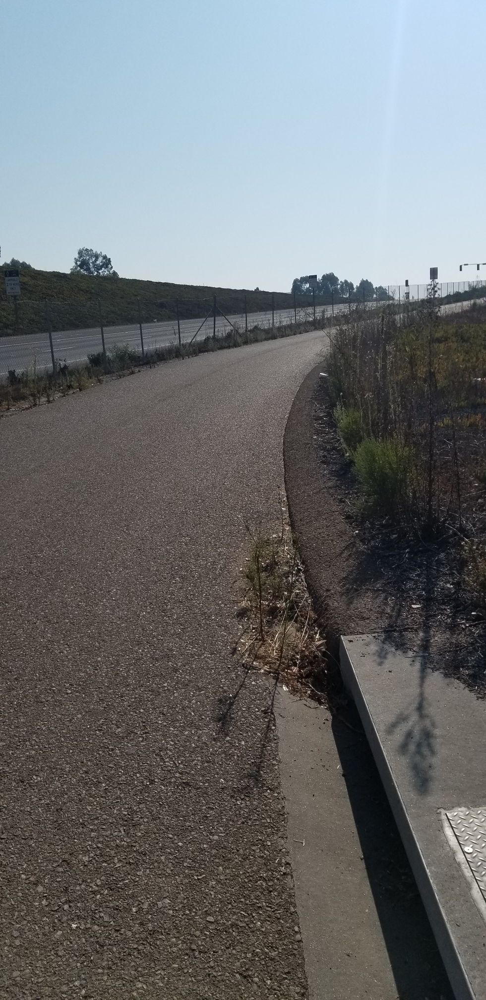 Curved paved path next to a fence and dry vegetation under clear sky. Sunny. - Bird Rock Coffee Roasters – Duck Pond loop from Sabre Springs