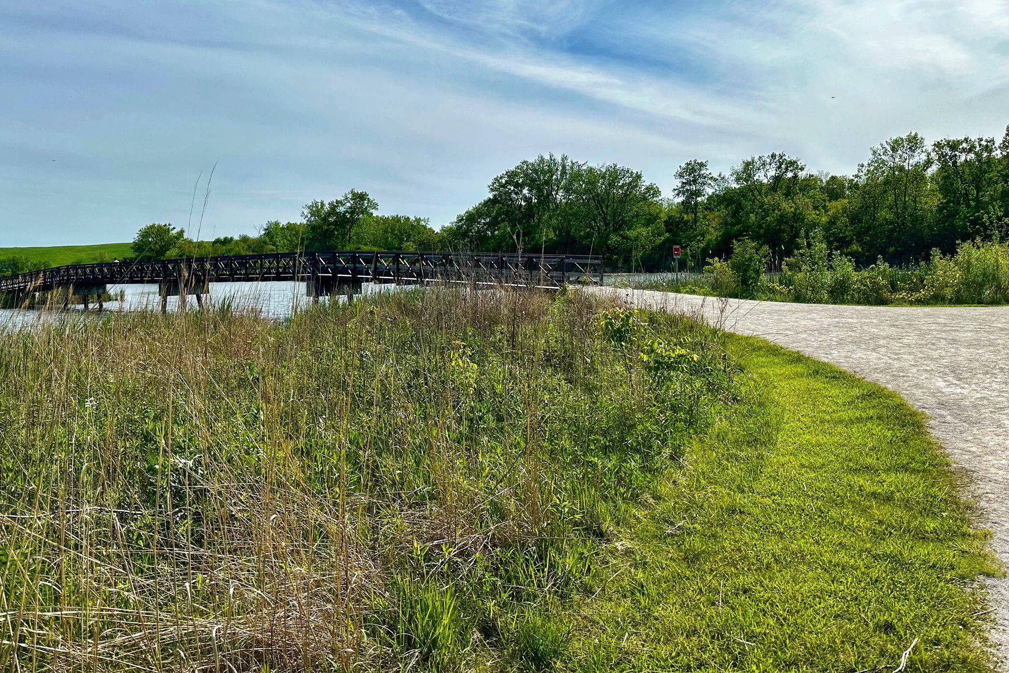 Gravel path curves towards a wooden bridge over water, surrounded by green foliage. - Mallard Lake – View of Mallard Lake loop from Bloomingdale Township