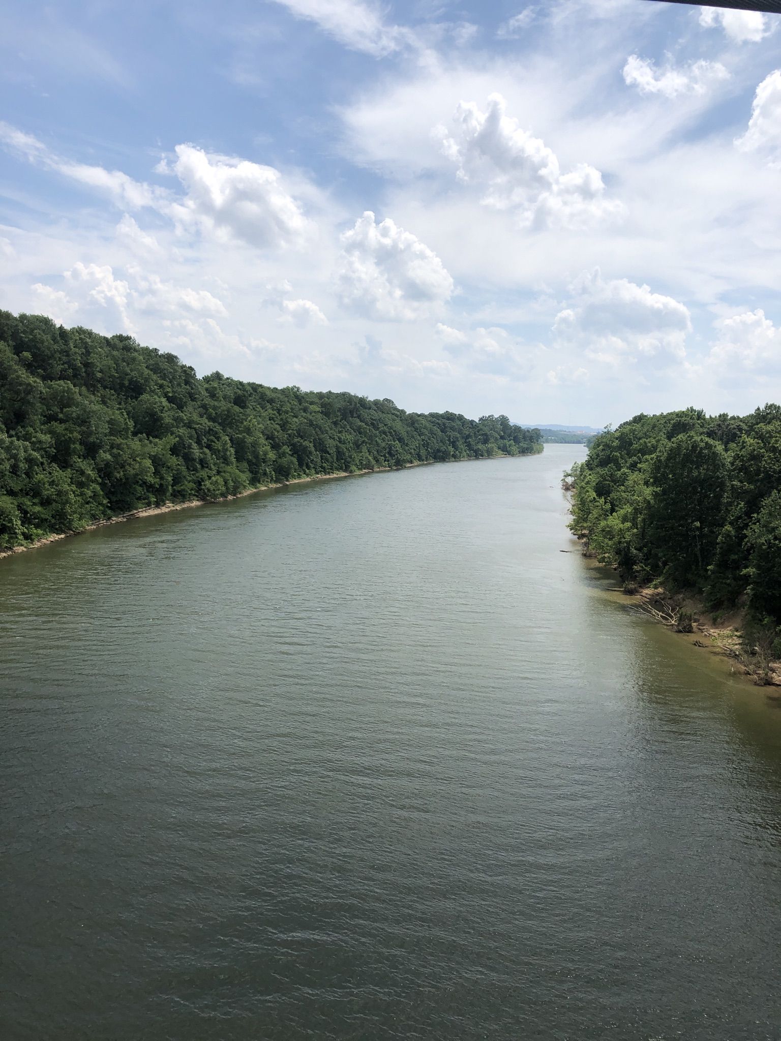 Broad river with forested banks under a partly cloudy sky. - Shelby Bottoms Greenway – Sevier Lake loop from Donelson