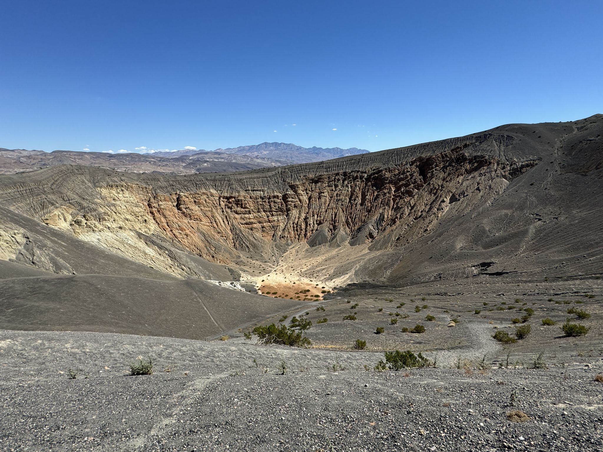 Expansive volcanic crater with colorful, steep walls under a bright blue sky. - Racetrack Valley Road
