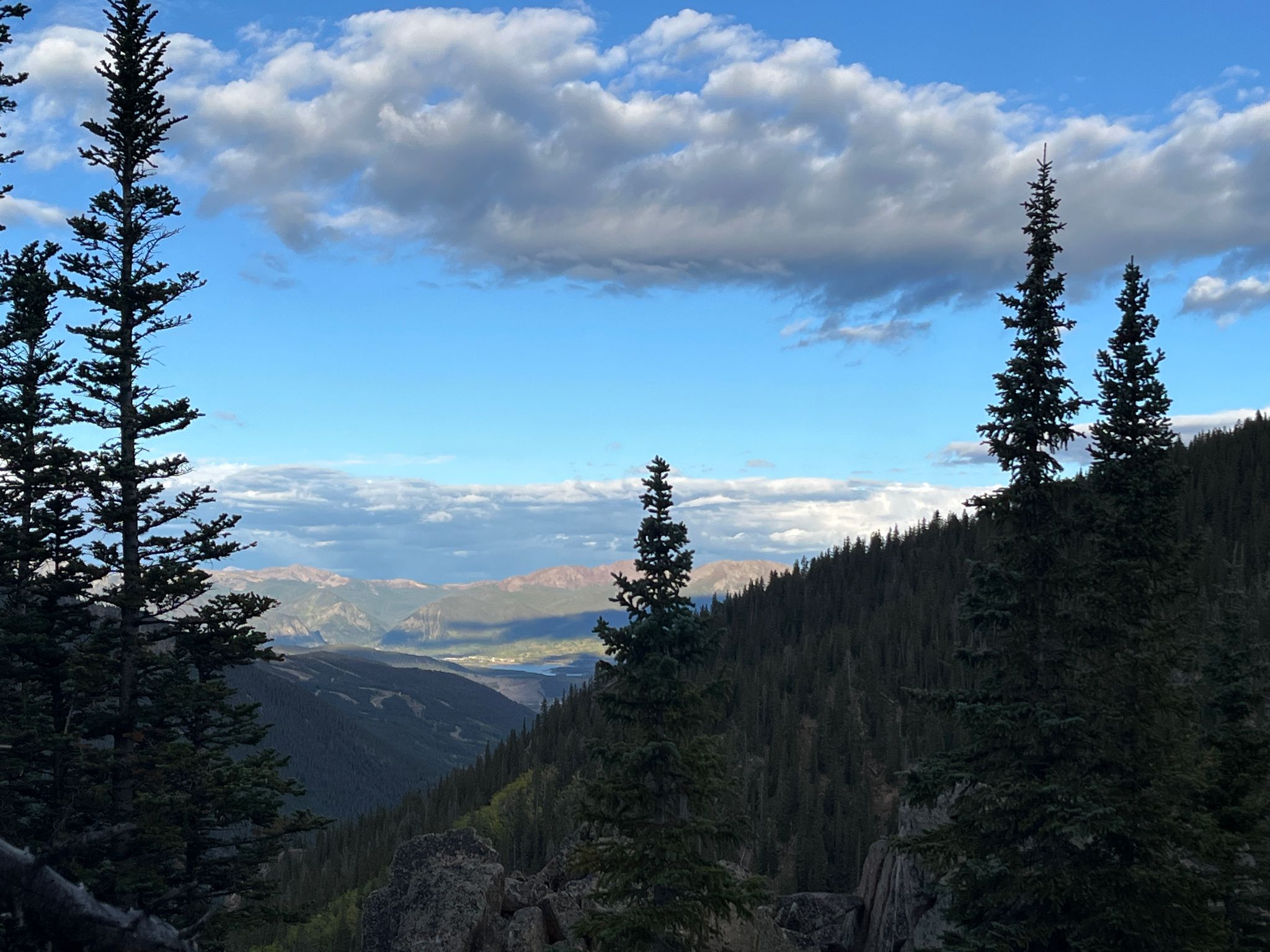 Pine trees frame a vast mountain valley under a partly cloudy blue sky. - View of Lenawee Mountain – Montezuma Ghost Town loop from Powerline Lot