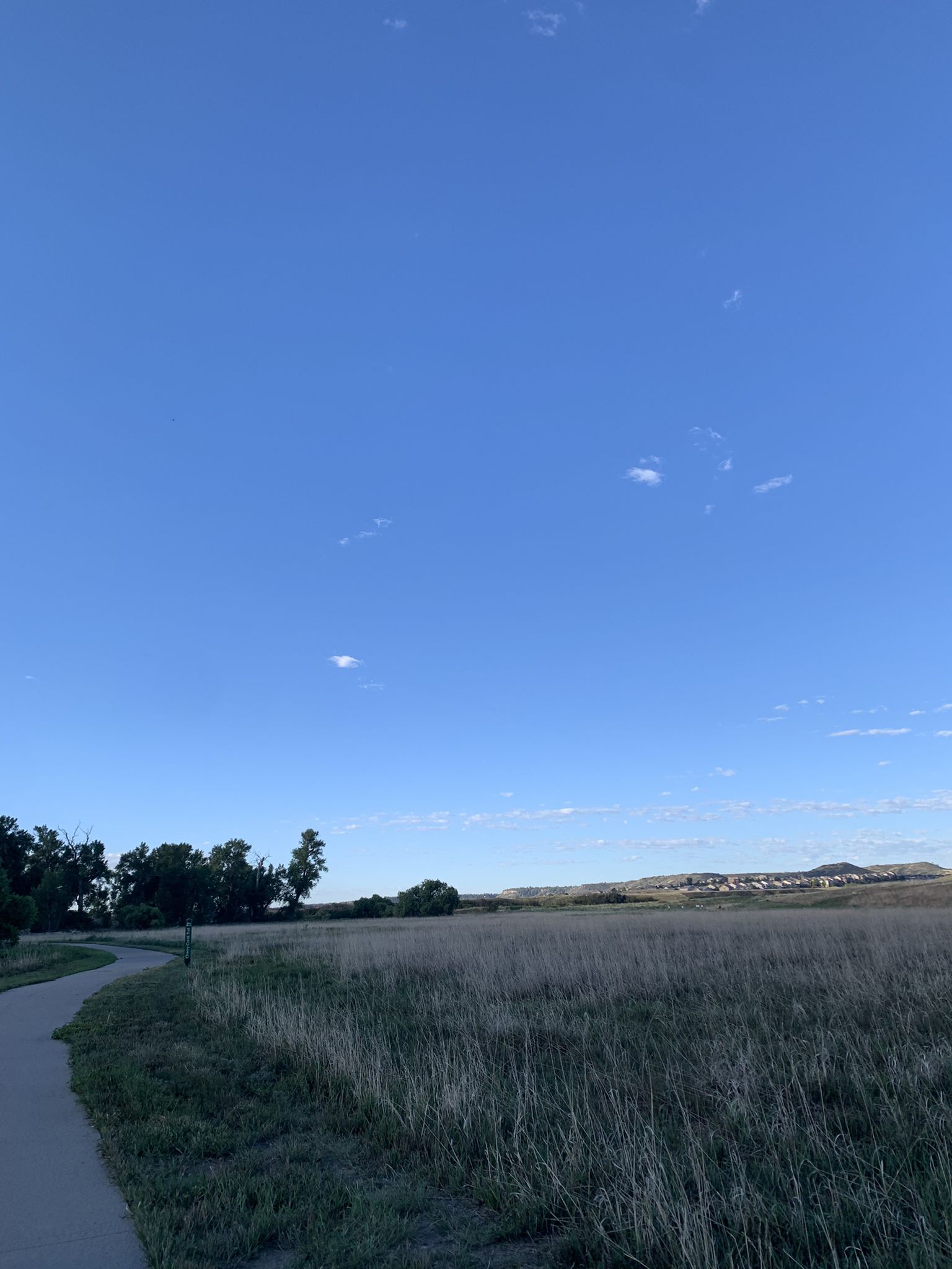 Paved path next to a wide grassy field under a blue sky. - Castlewood Canyon State Park, Cherry Creek Trail, Castle Oaks Drive, & South Lake Gulch Road loop