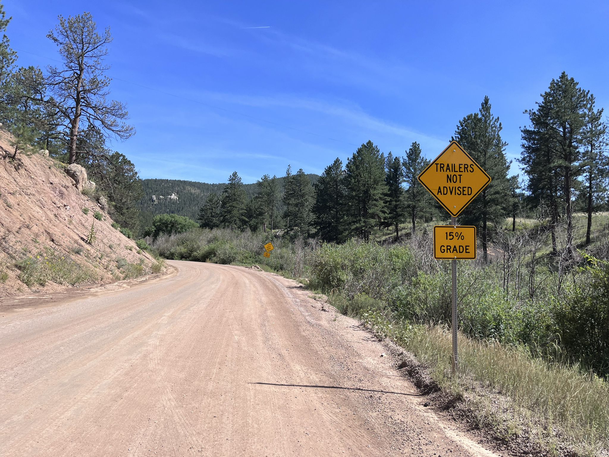 A sunny dirt road curves uphill past warning signs and pine trees. - South Platte River Road & South Highway 67 gravel loop