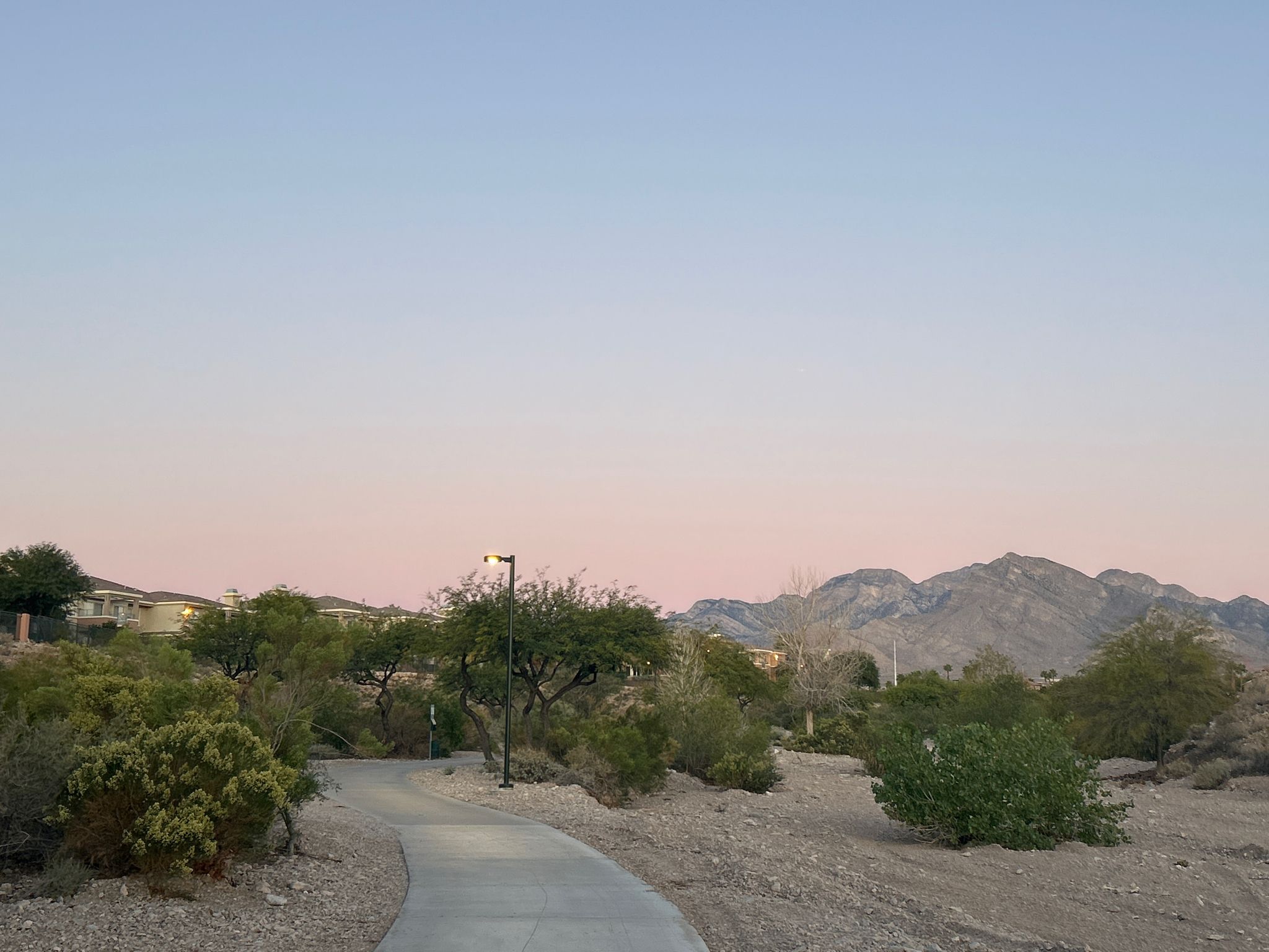 A paved path winds through desert shrubs towards mountains under a pink sky. - Cottonwood Canyon Trail