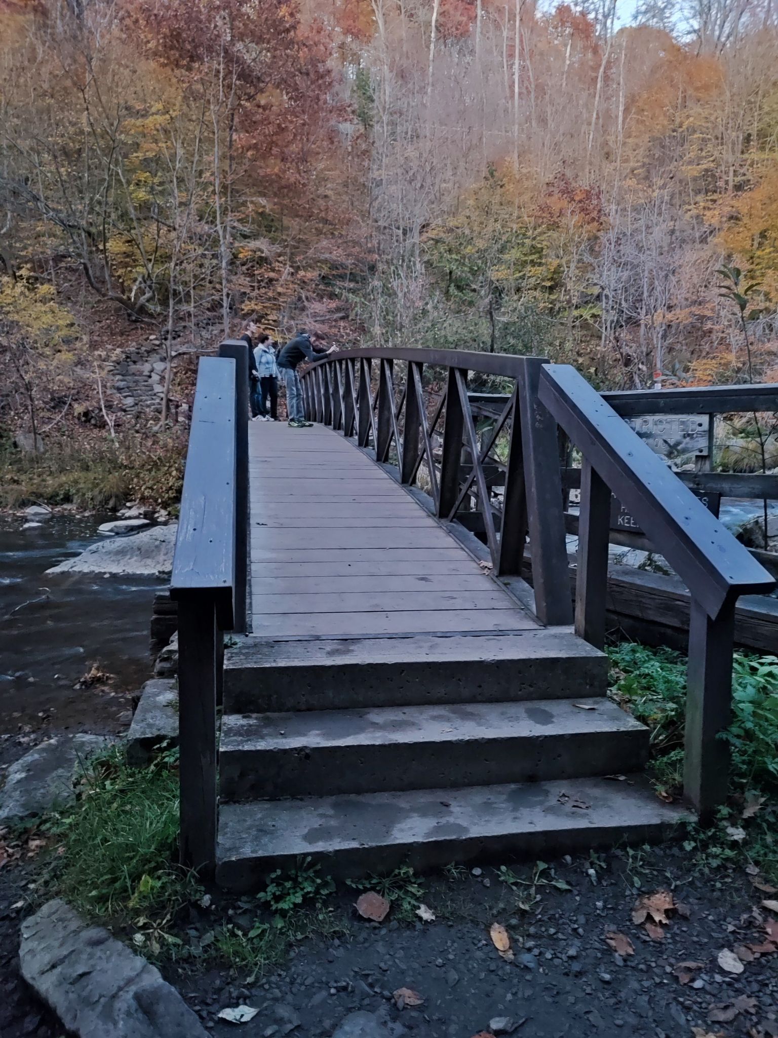 People walk across a wooden bridge over a river, surrounded by autumn forest. - Gorge Trail