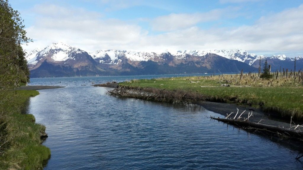 River flows into a bay with snow-capped mountains under a bright sky. - Tonsina Creek Trail