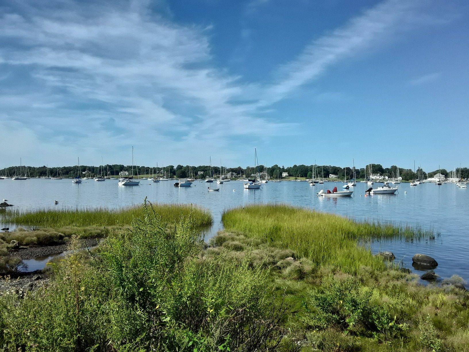 Boats anchored in a bay with green marshland under a blue sky. - Waterfront Pathway View – Warren loop from Bristol