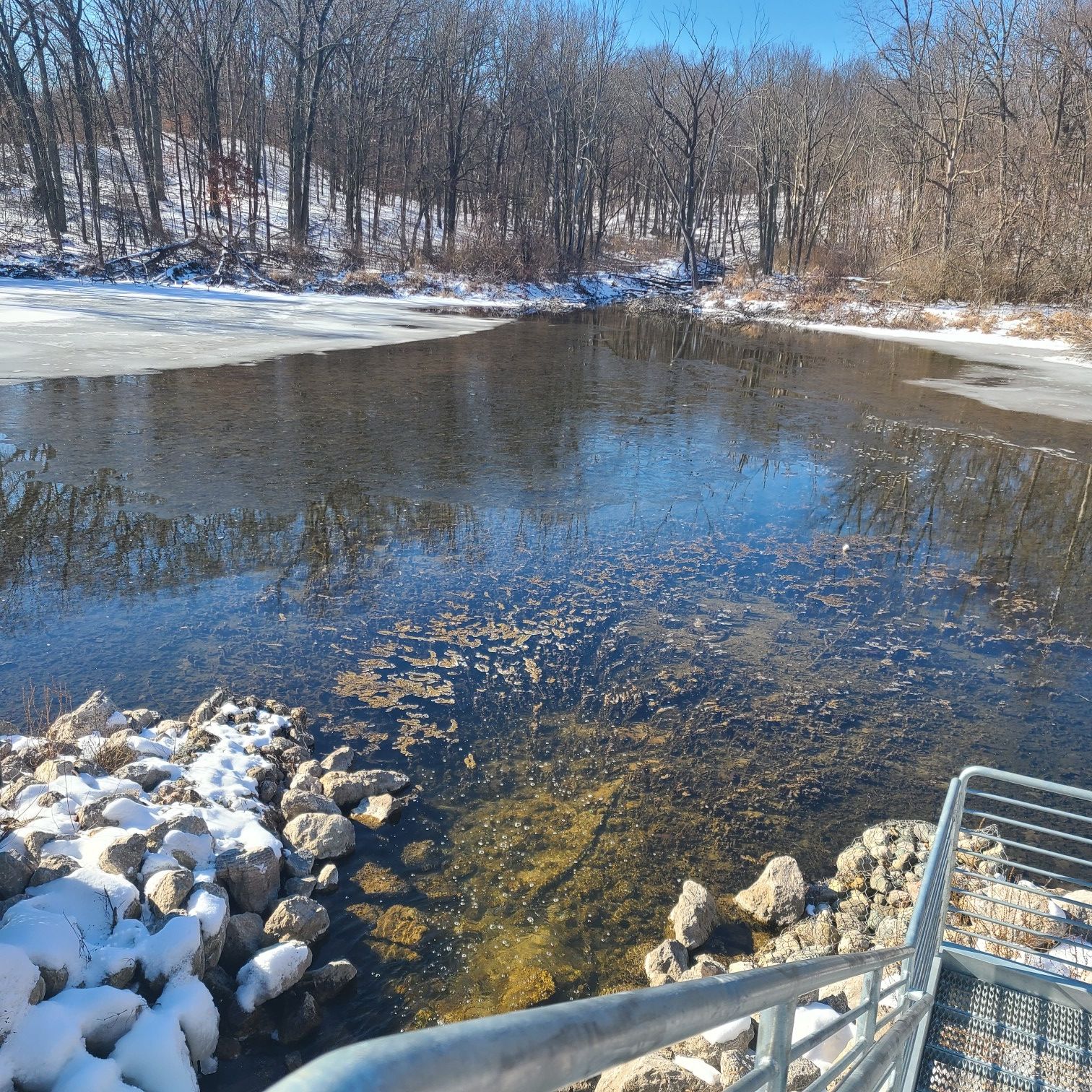 Partially frozen pond with rocks and a metal railing on a sunny day. - Spring Valley Park Trail