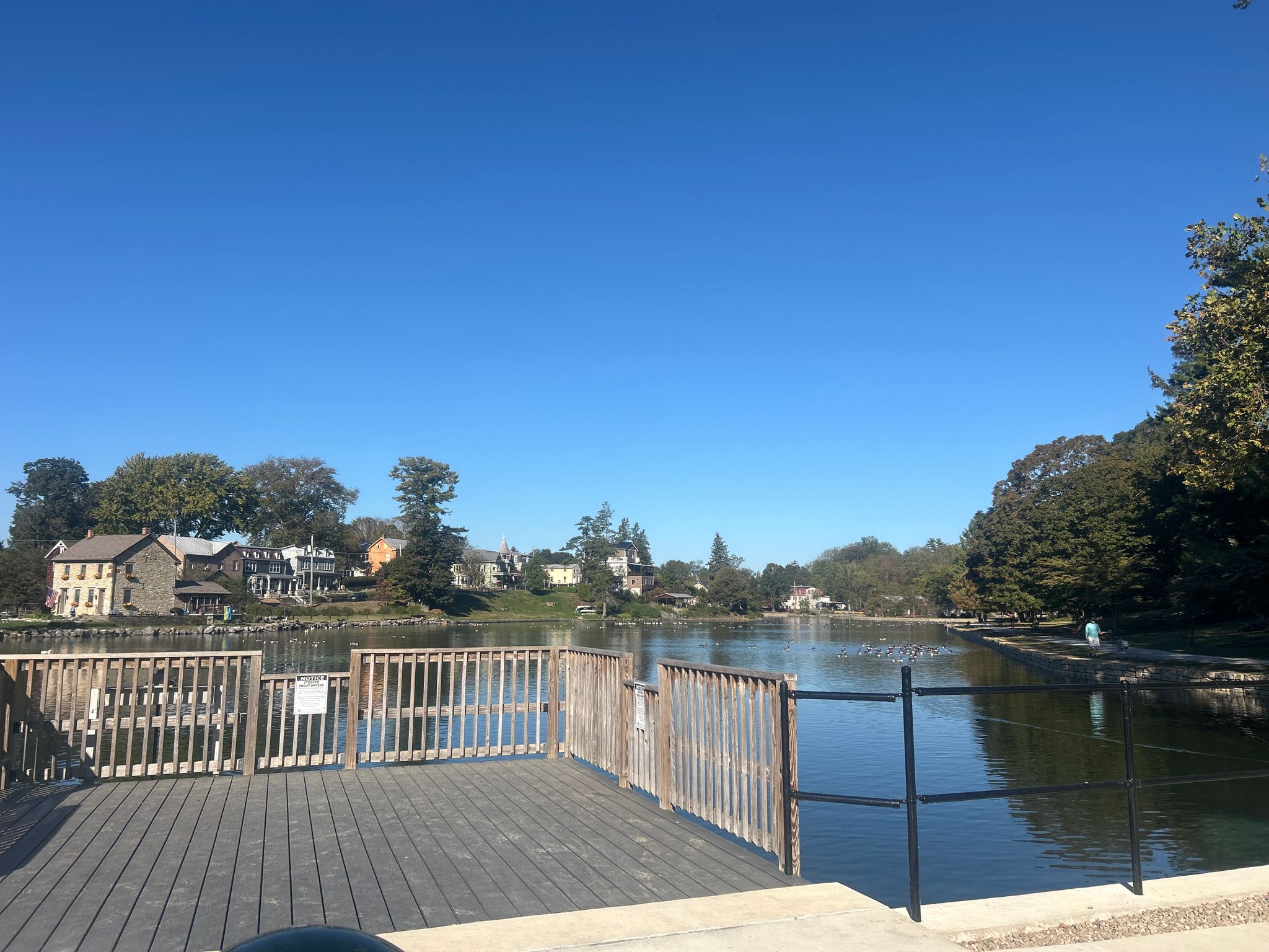 Sunny day view from a wooden dock overlooking a lake and houses. - Children's Lake loop from Appalachian Trail Parking